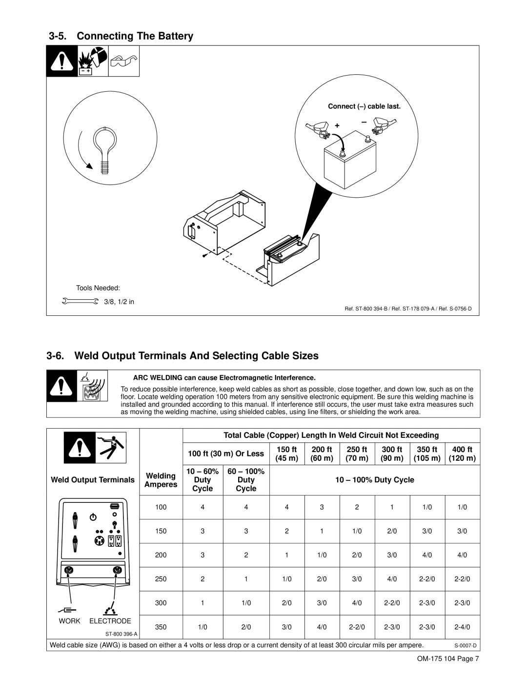 Miller Electric Bobcat 225G owner manual Connecting The Battery, Weld Output Terminals And Selecting Cable Sizes, + ± 