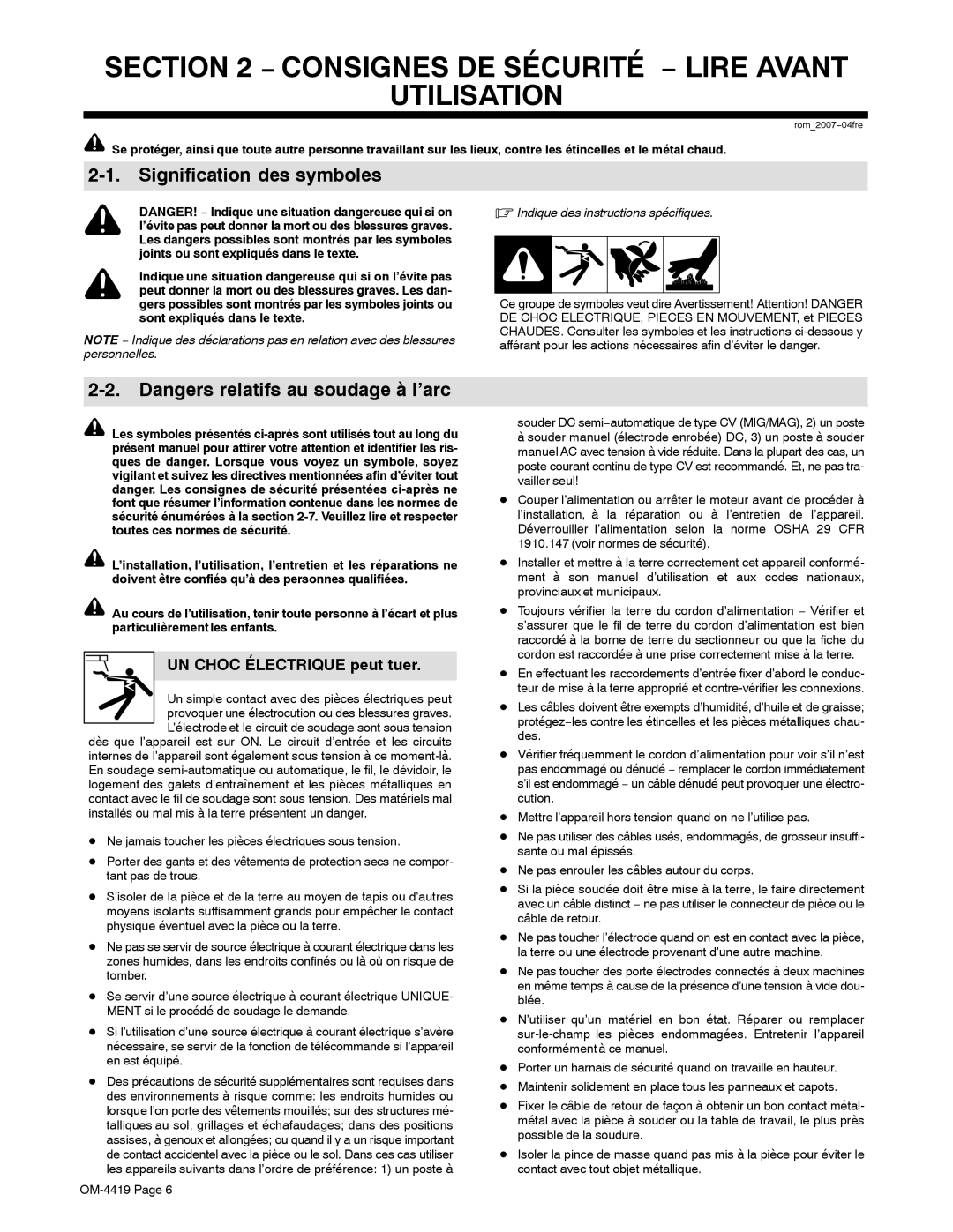 Miller Electric Bobcat 250 manual Consignes DE Sécurité − Lire Avant Utilisation, Signification des symboles 