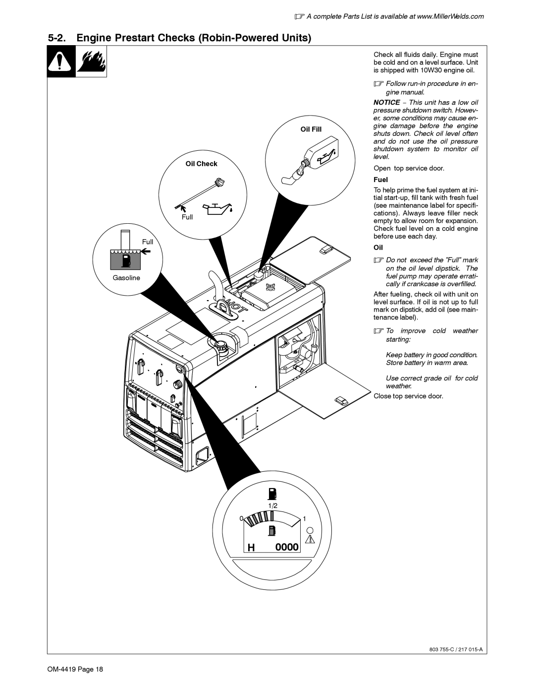 Miller Electric Bobcat 250 manual Engine Prestart Checks Robin-Powered Units, 0000, Oil Check 