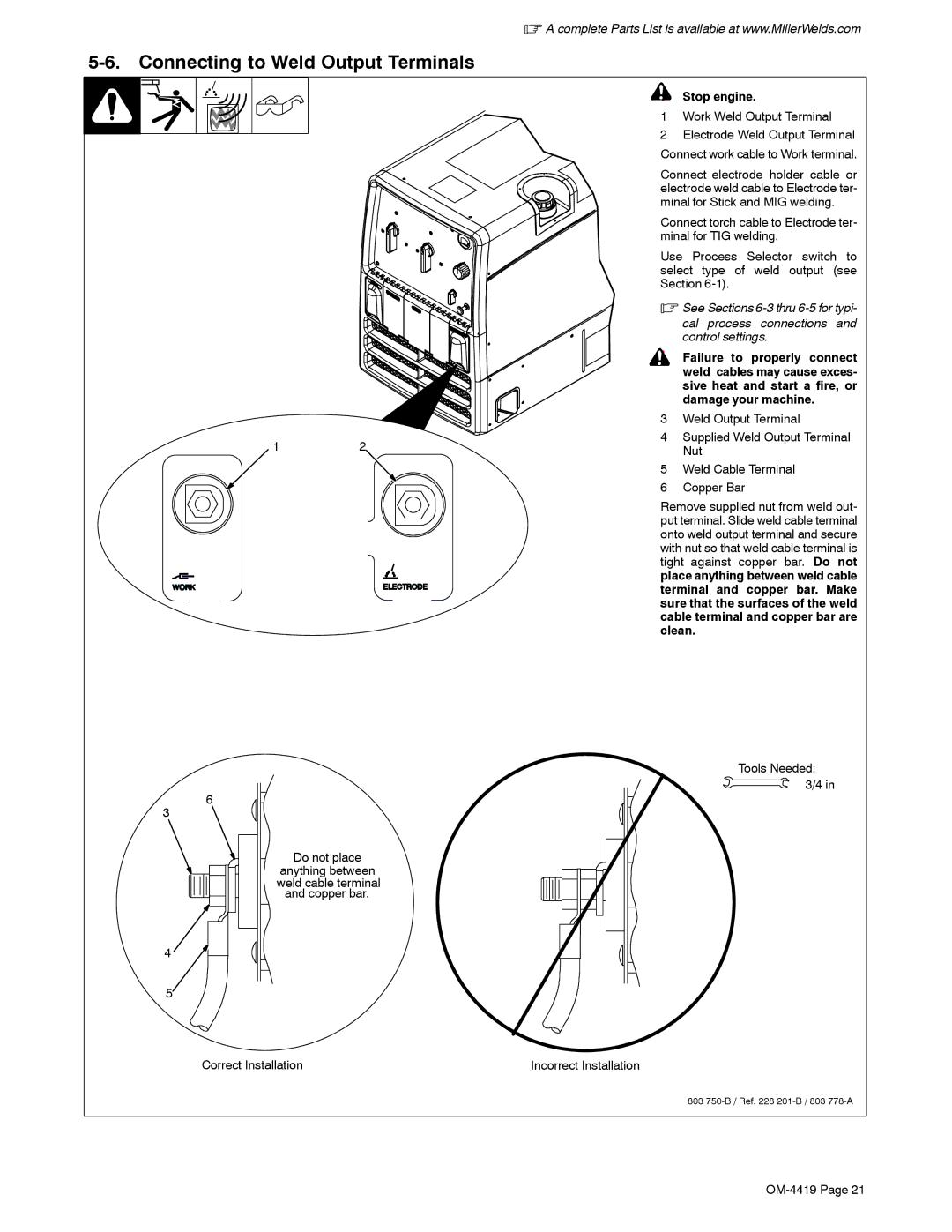 Miller Electric Bobcat 250 manual Connecting to Weld Output Terminals, Stop engine, Work Weld Output Terminal 