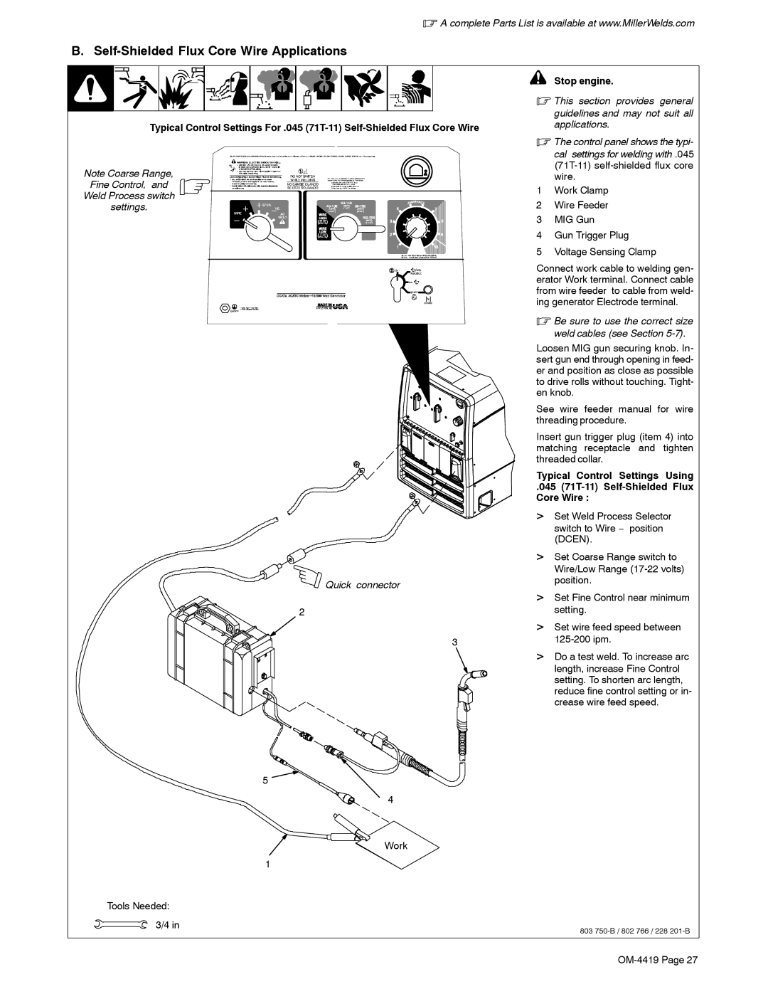 Miller Electric Bobcat 250 manual Self-Shielded Flux Core Wire Applications, Fine Control, Weld Process switch Settings 