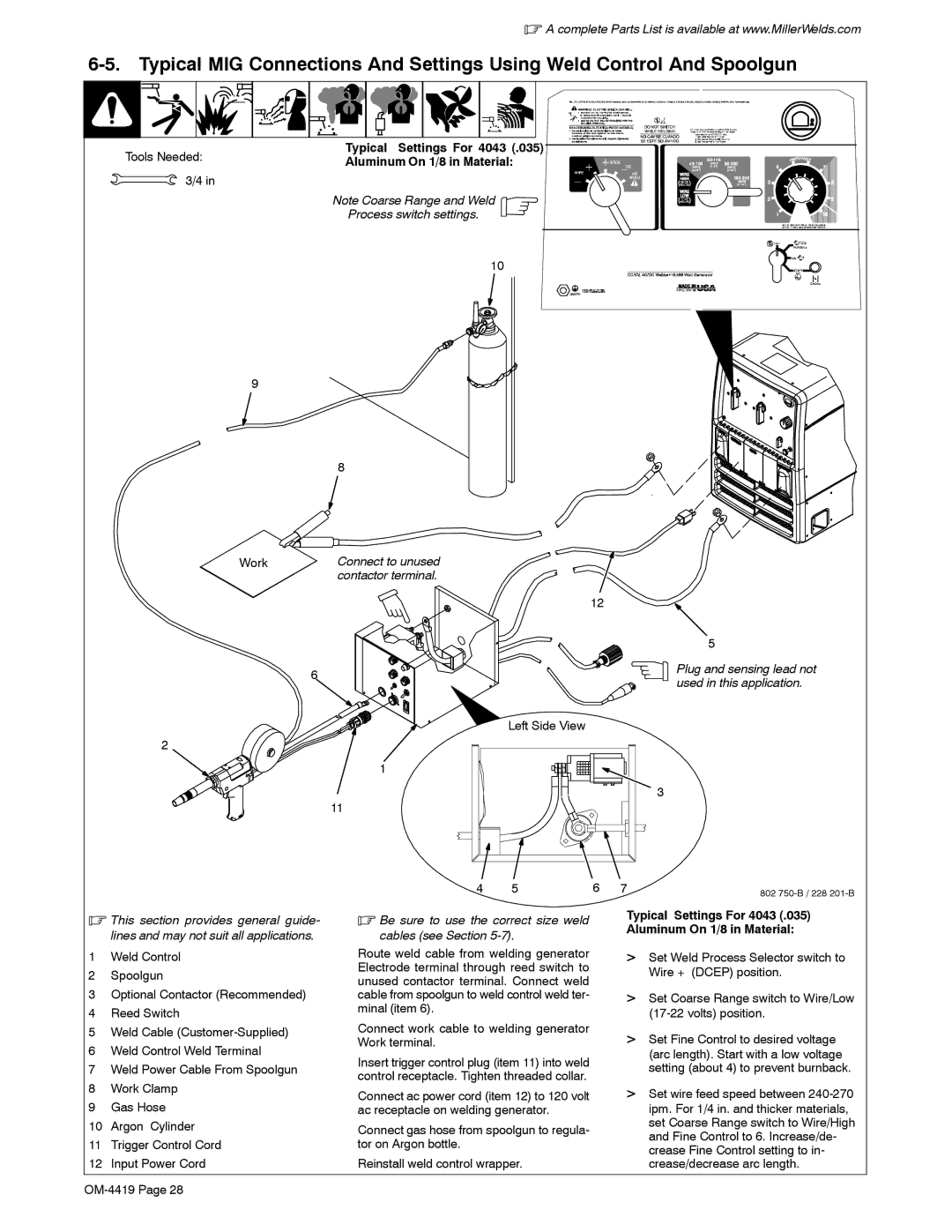 Miller Electric Bobcat 250 manual Typical Settings For 4043, Aluminum On 1/8 in Material, Work 