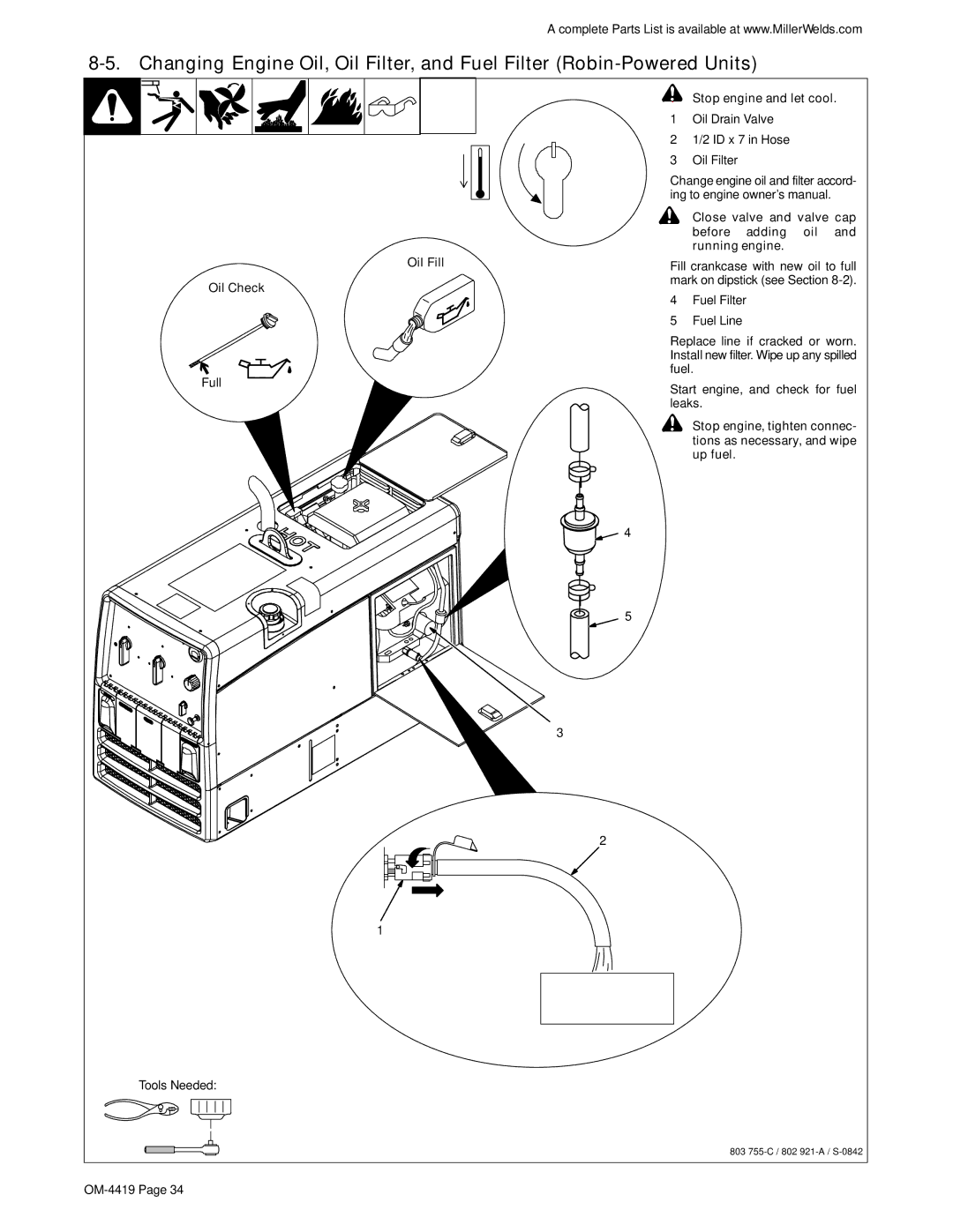 Miller Electric Bobcat 250 Oil Fill Oil Check, Full, Stop engine and let cool, Oil Drain Valve 2 ID x 7 in Hose Oil Filter 