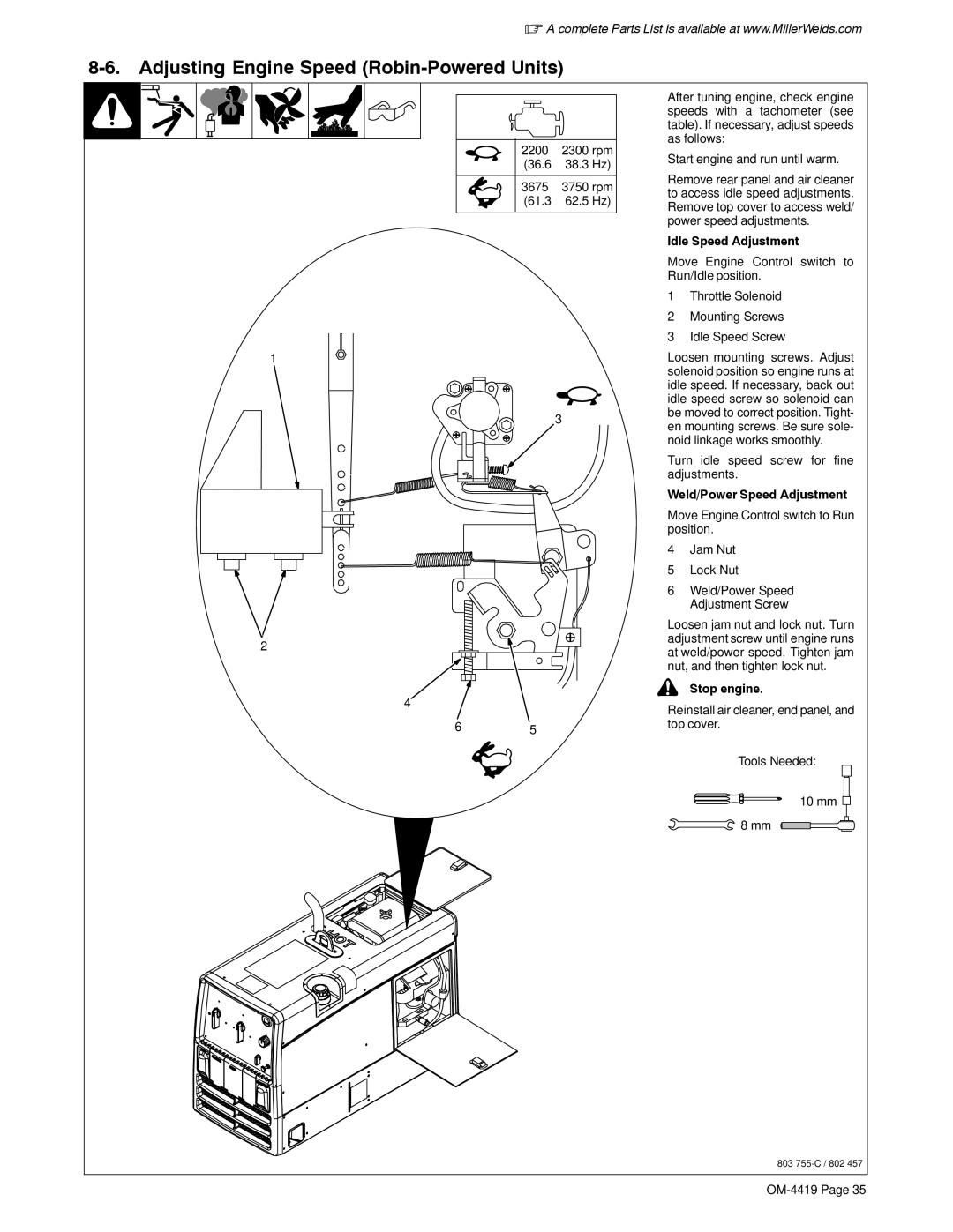 Miller Electric Bobcat 250 Adjusting Engine Speed Robin-Powered Units, Idle Speed Adjustment, Weld/Power Speed Adjustment 