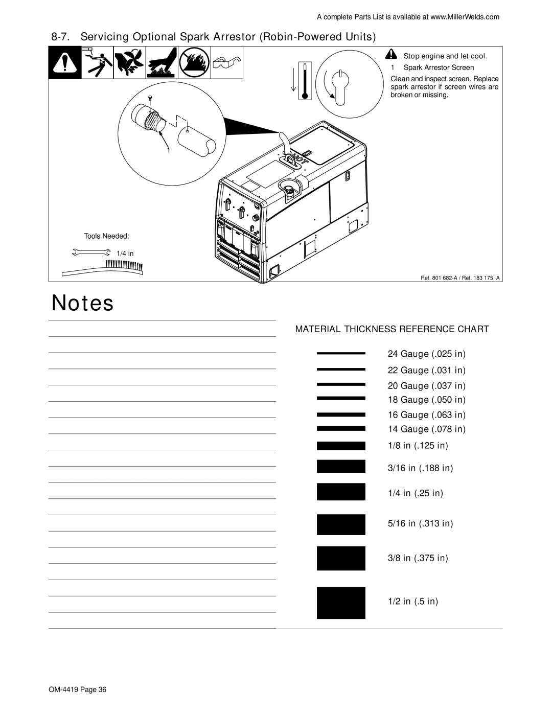 Miller Electric Bobcat 250 manual Servicing Optional Spark Arrestor Robin-Powered Units, Material Thickness Reference Chart 