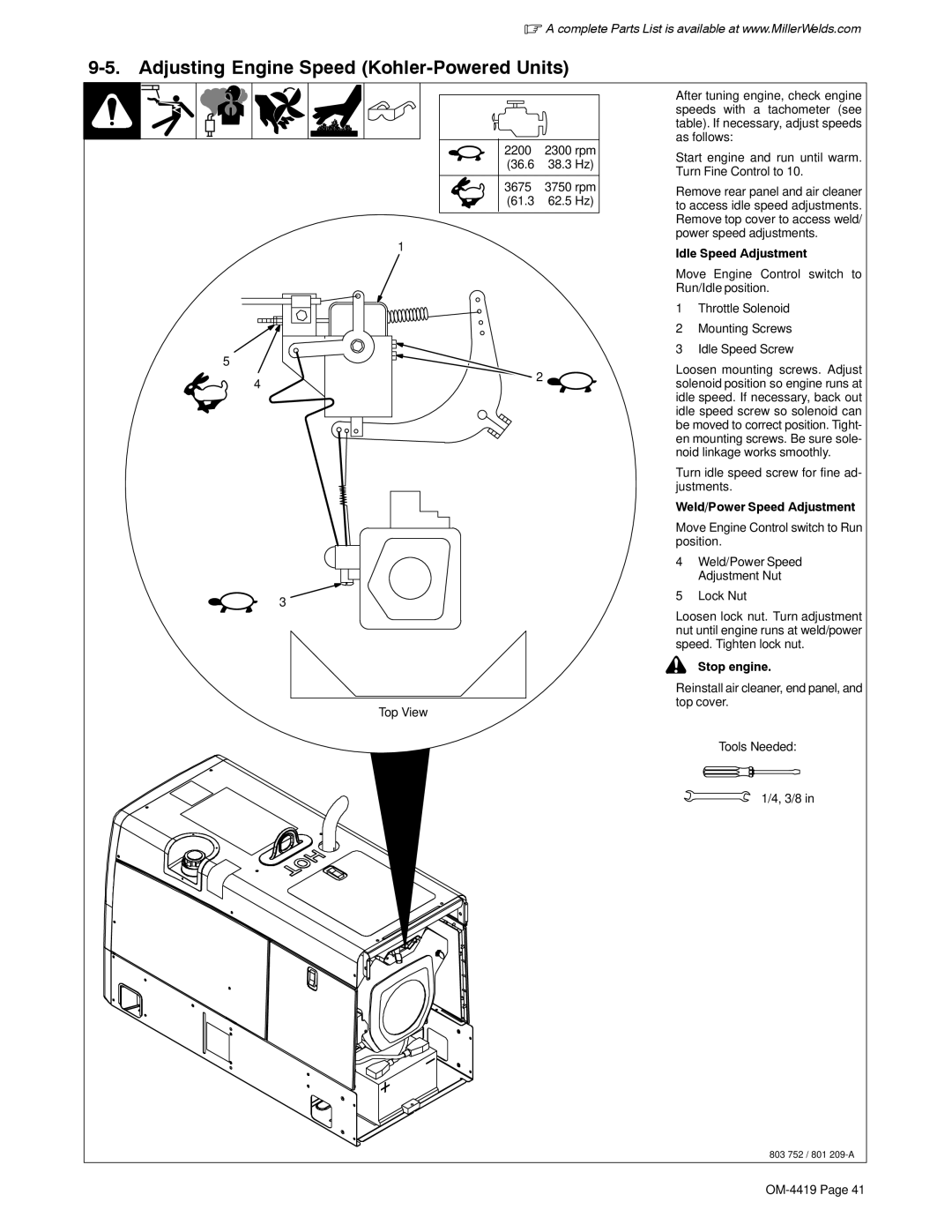 Miller Electric Bobcat 250 manual Adjusting Engine Speed Kohler-Powered Units, Turn idle speed screw for fine ad- justments 