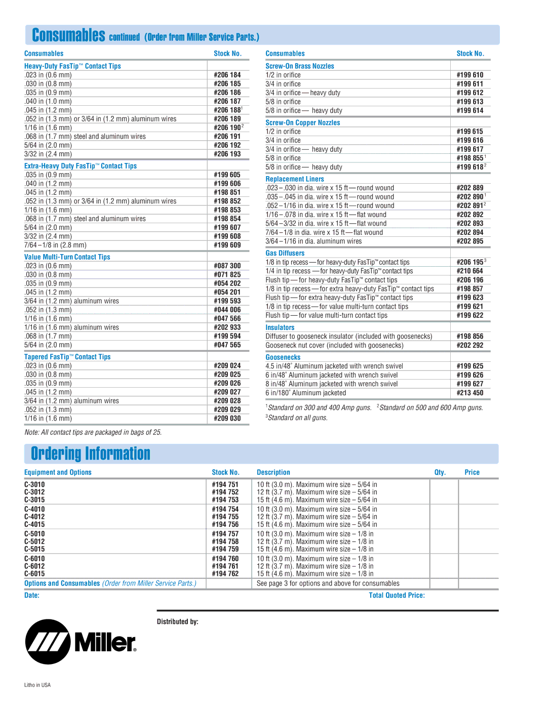 Miller Electric C-Series manual Ordering Information 