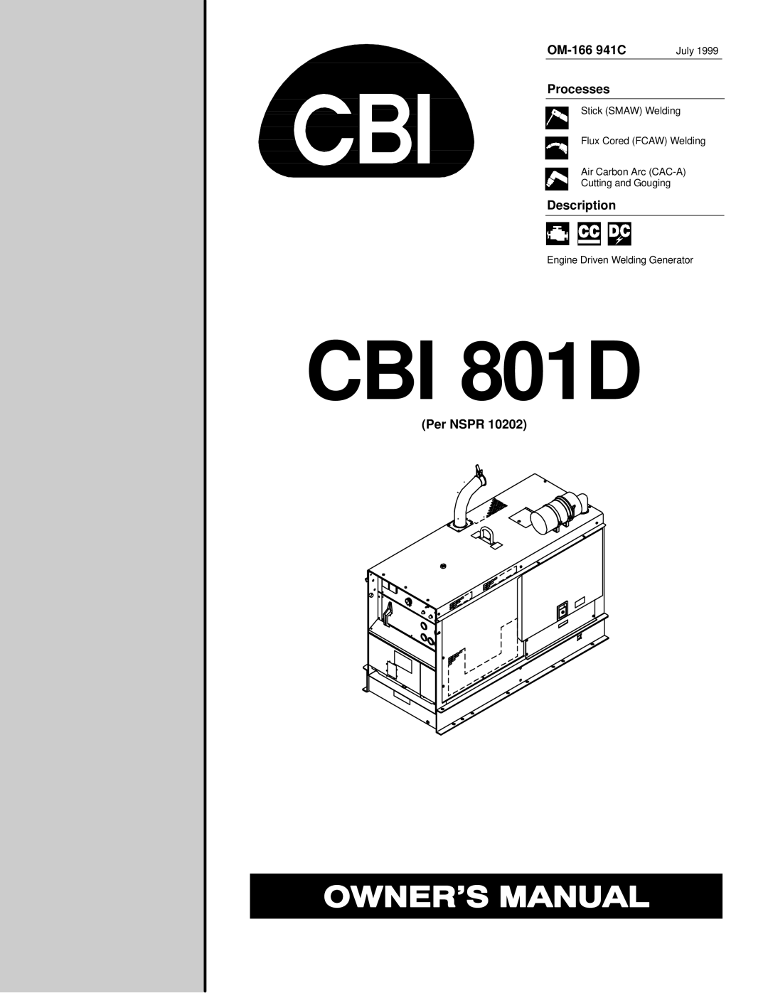 Miller Electric CBI 801D manual OM-166 941C, Processes, Description, Per Nspr 