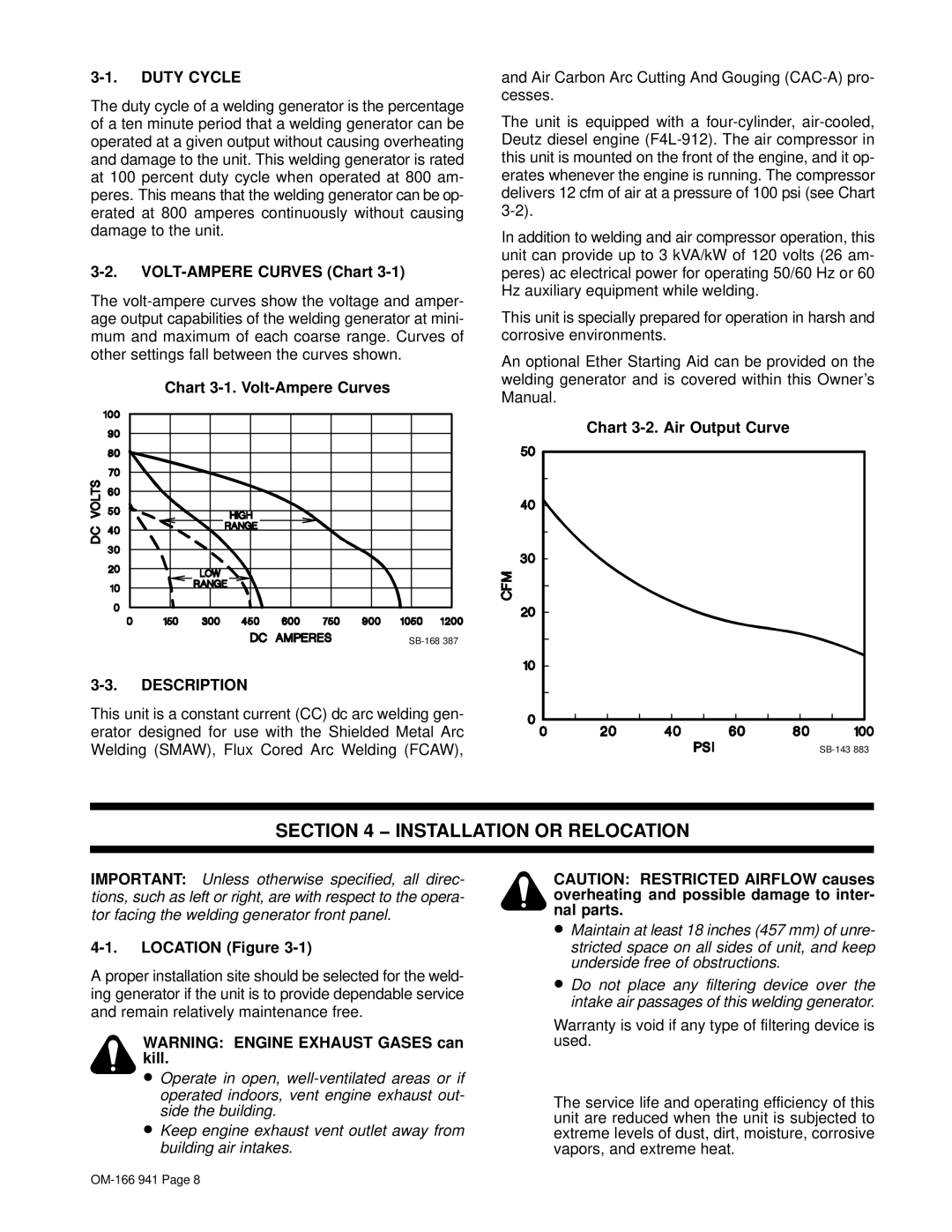 Miller Electric CBI 801D manual Installation or Relocation, Duty Cycle, Description 