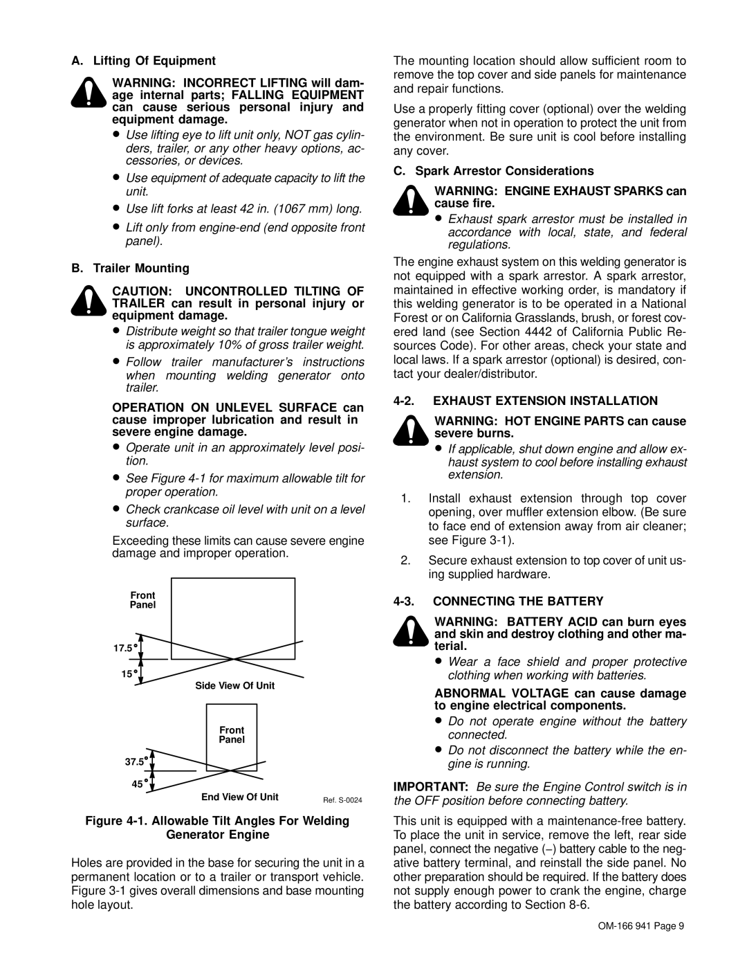 Miller Electric CBI 801D Lifting Of Equipment, Trailer Mounting, Spark Arrestor Considerations, Connecting the Battery 