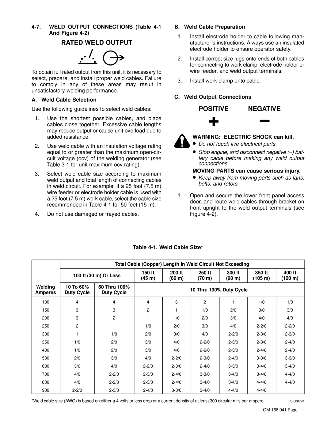 Miller Electric CBI 801D manual Rated Weld Output, Positive Negative 