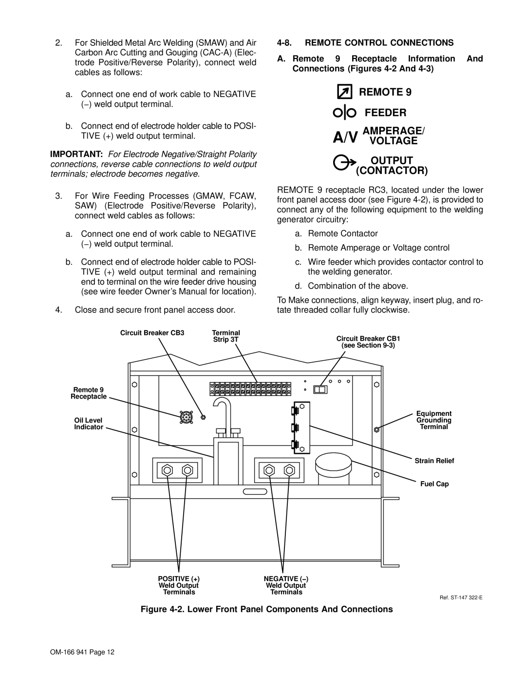 Miller Electric CBI 801D manual Remote Feeder AMPERAGE/VOLTAGE Output Contactor, Remote Control Connections 