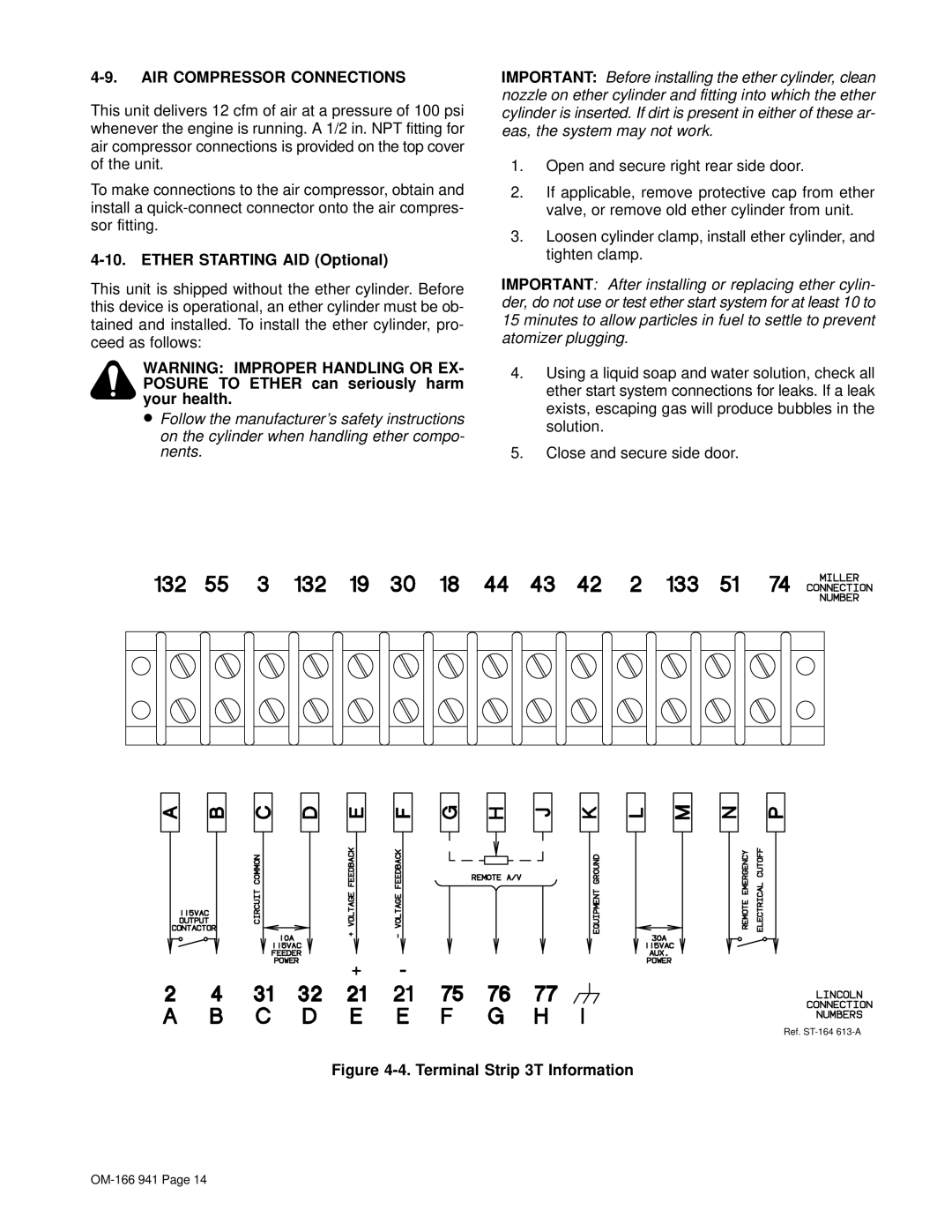 Miller Electric CBI 801D manual AIR Compressor Connections, Ether Starting AID Optional, Posure to Ether can seriously harm 