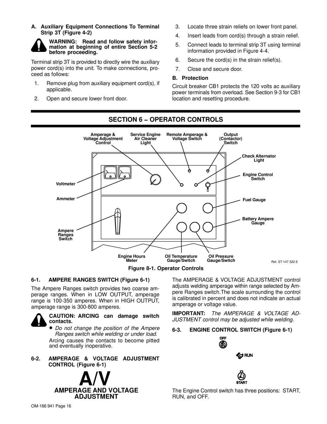 Miller Electric CBI 801D manual Operator Controls, Amperage and Voltage Adjustment, Amperage & Voltage Adjustment 