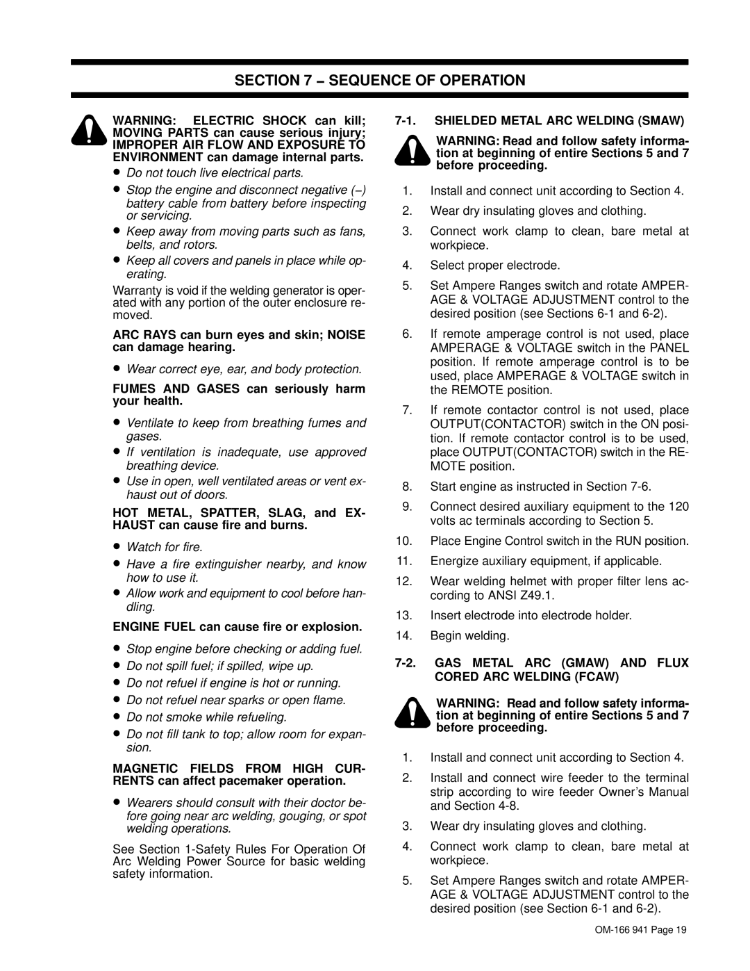 Miller Electric CBI 801D manual Sequence of Operation, ARC Rays can burn eyes and skin Noise can damage hearing 