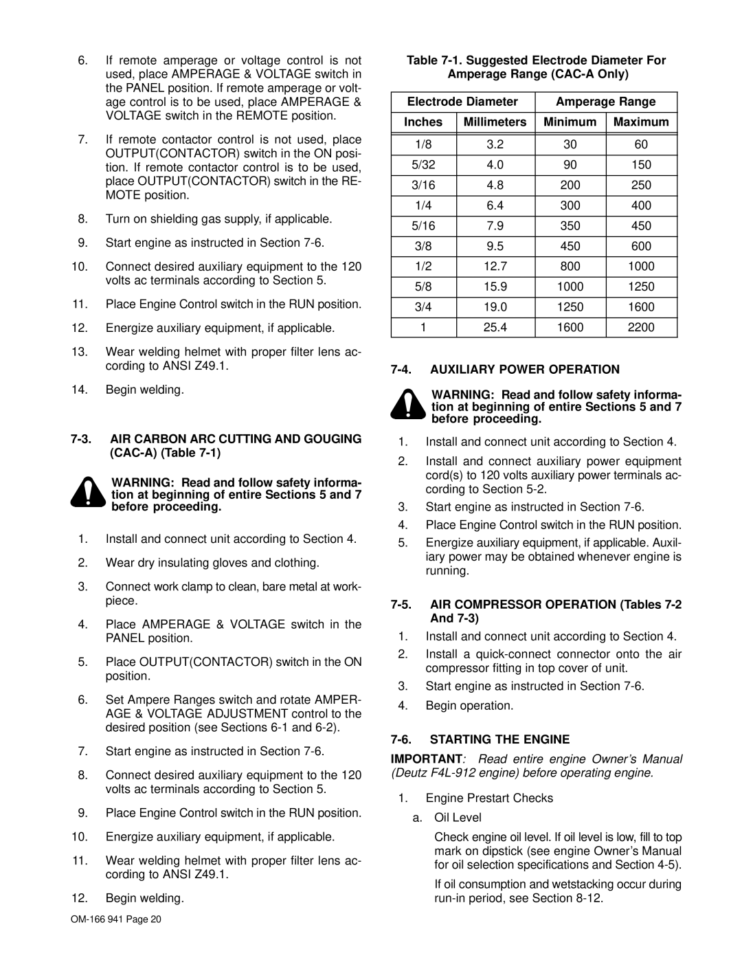 Miller Electric CBI 801D AIR Carbon ARC Cutting and Gouging CAC-A Table, Auxiliary Power Operation, Starting the Engine 