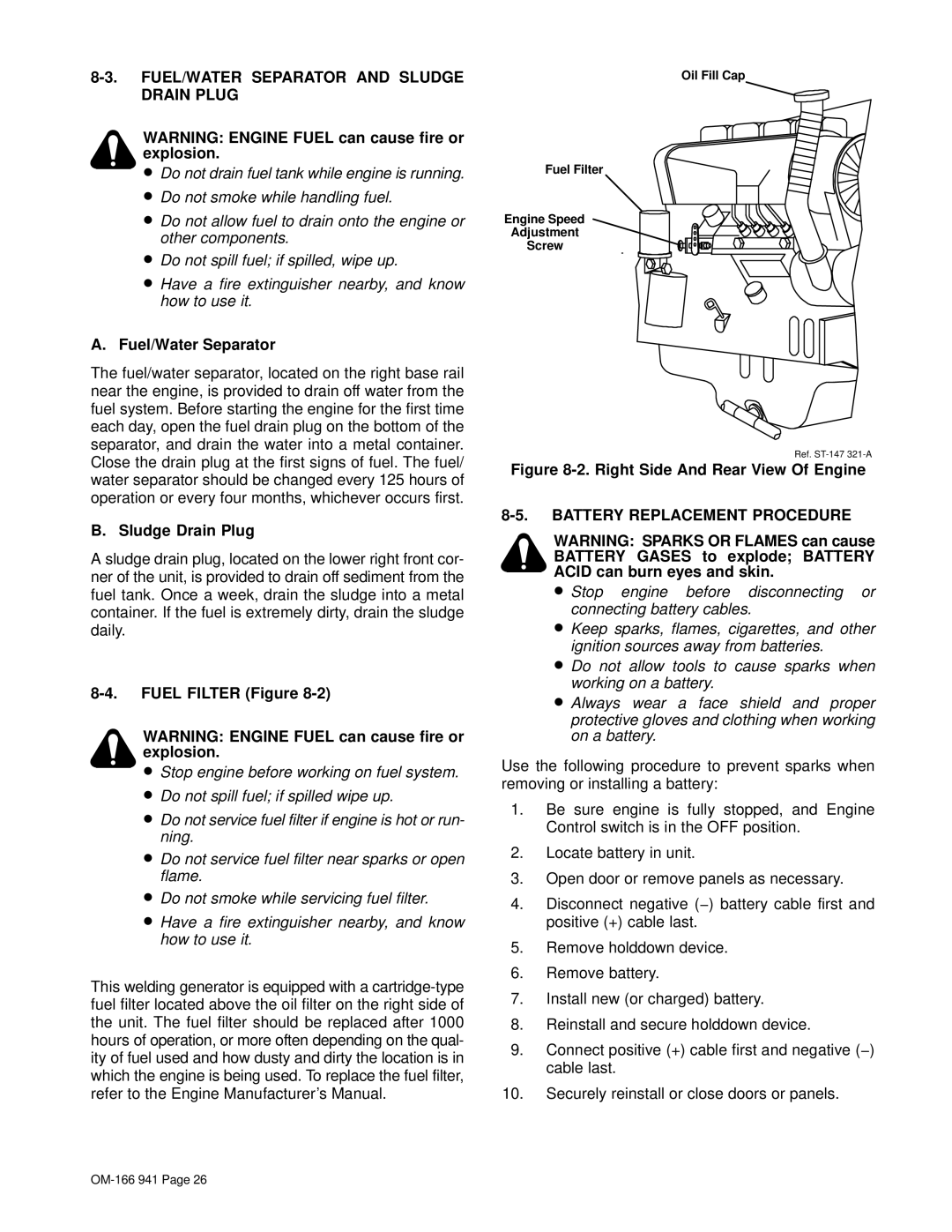 Miller Electric CBI 801D manual FUEL/WATER Separator and Sludge Drain Plug, Fuel/Water Separator, Fuel Filter Figure 