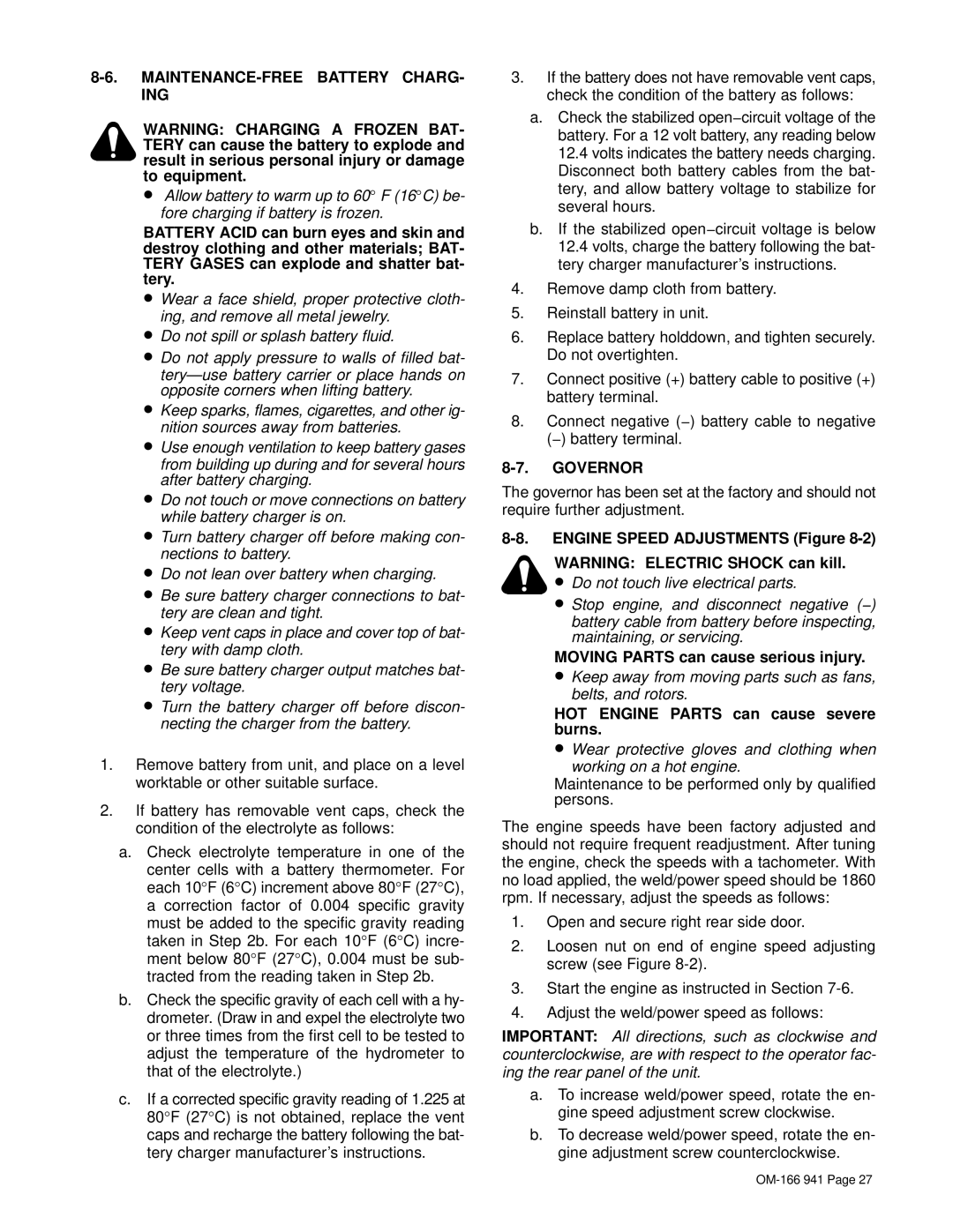 Miller Electric CBI 801D manual MAINTENANCE-FREE Battery CHARG- ING, Governor, Engine Speed Adjustments Figure 