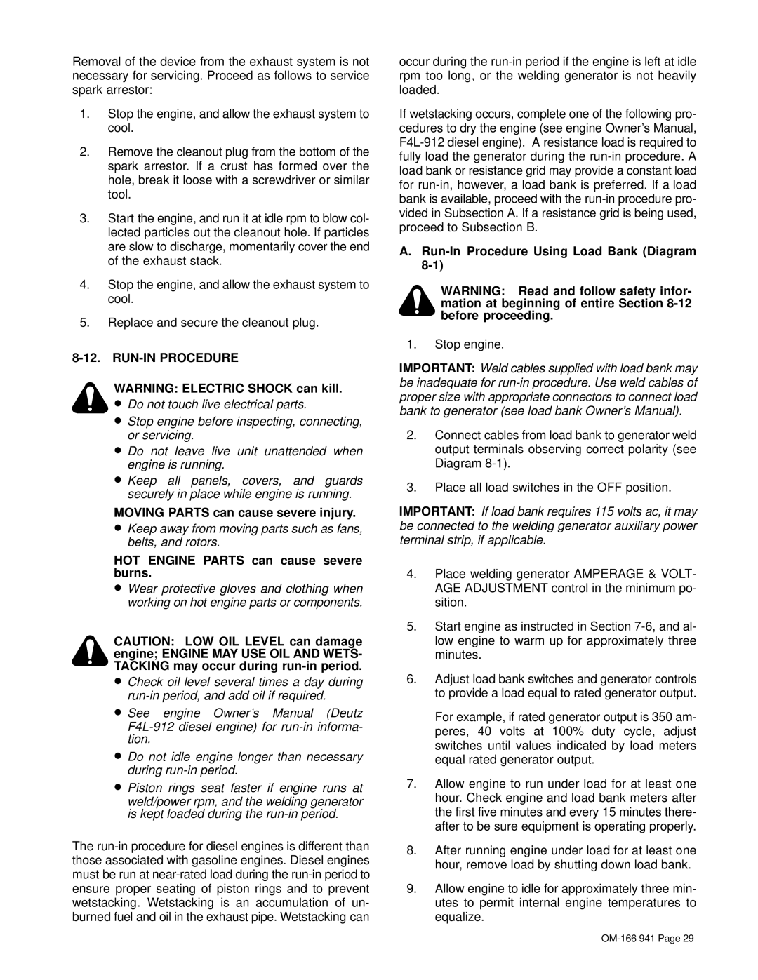 Miller Electric CBI 801D RUN-IN Procedure, Moving Parts can cause severe injury, Run-In Procedure Using Load Bank Diagram 