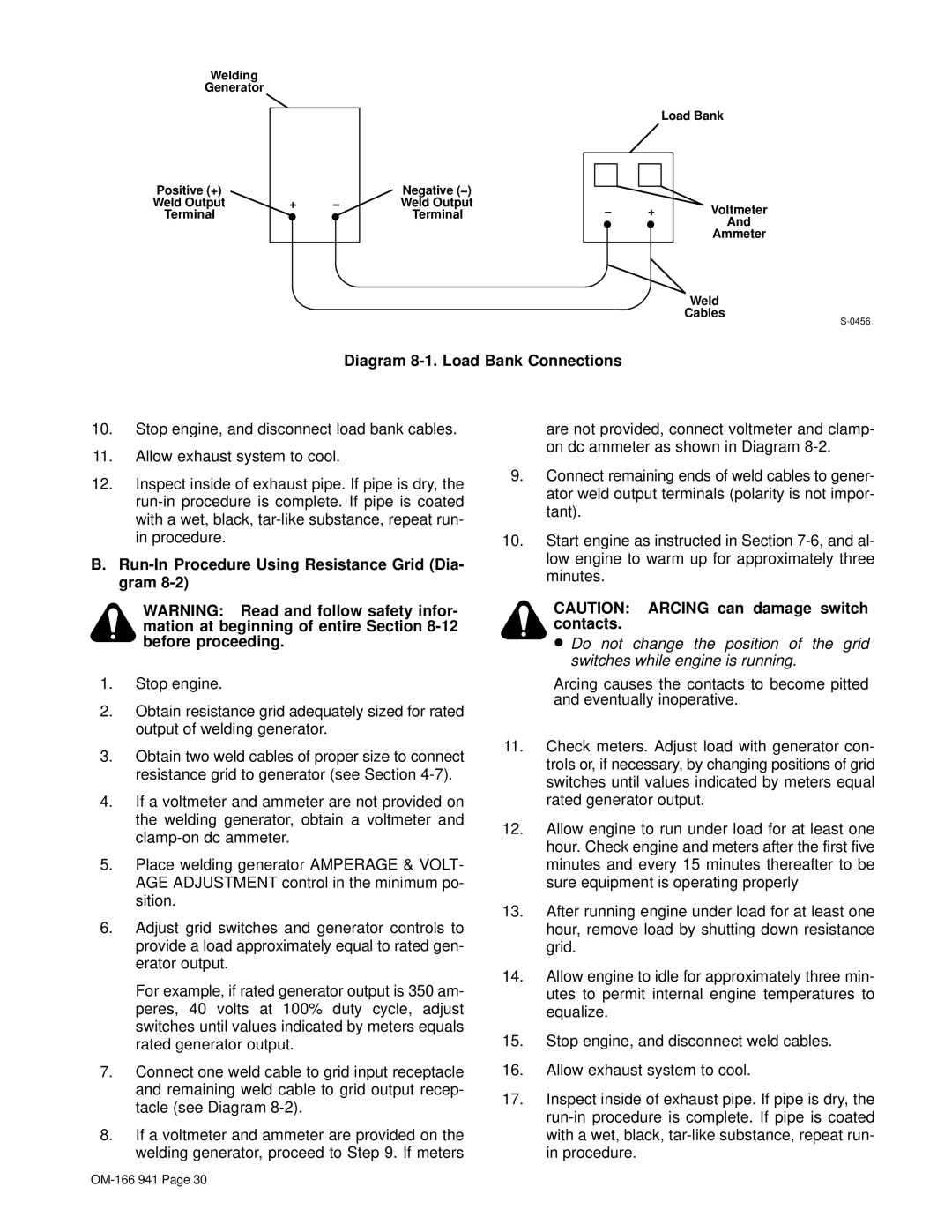 Miller Electric CBI 801D manual Diagram 8-1. Load Bank Connections, Run-In Procedure Using Resistance Grid Dia- gram 