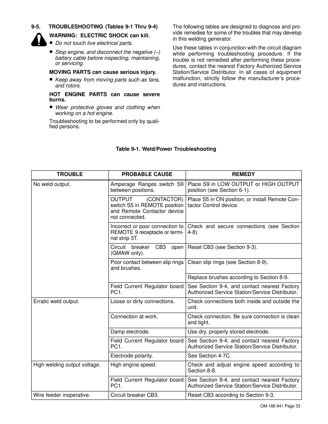 Miller Electric CBI 801D manual Troubleshooting Tables 9-1 Thru, Weld/Power Troubleshooting, Trouble Probable Cause Remedy 