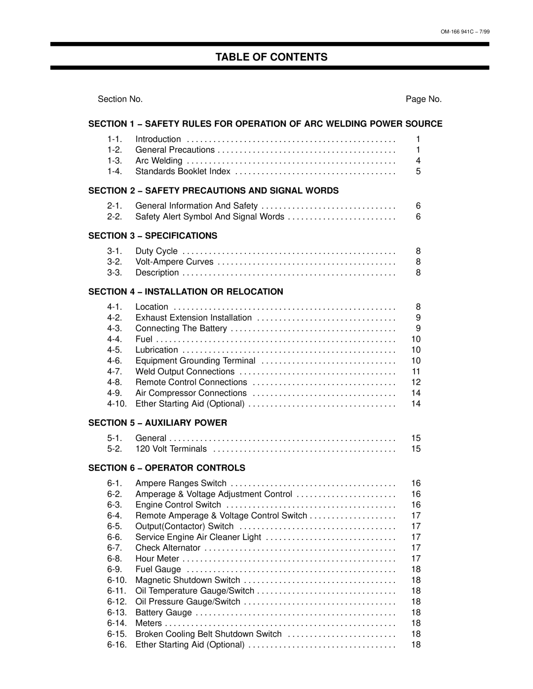 Miller Electric CBI 801D manual Table of Contents 