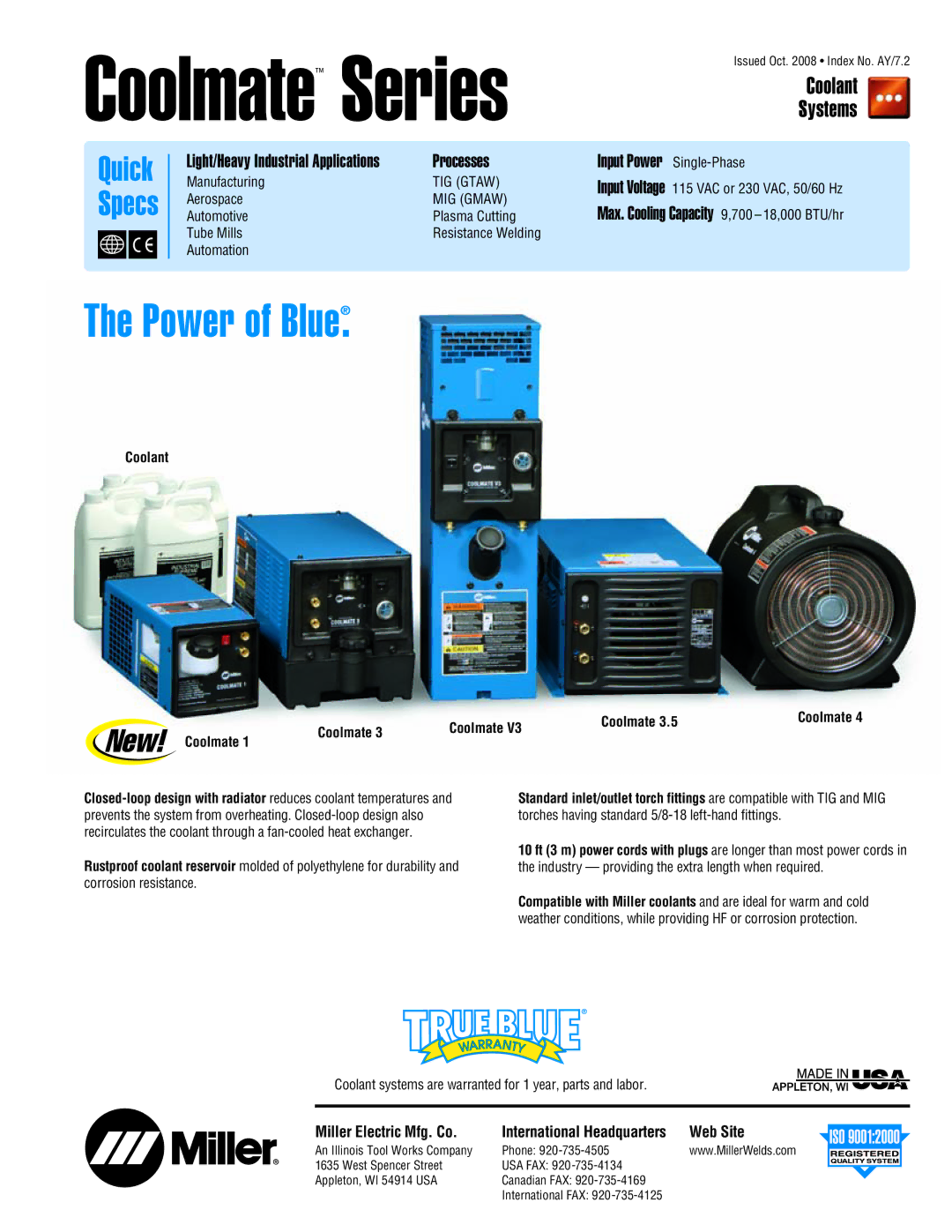 Miller Electric Coolmate 3.5, Coolmate 4, Coolmate V3 manual Coolant Systems, Processes, Input Power Single-Phase 