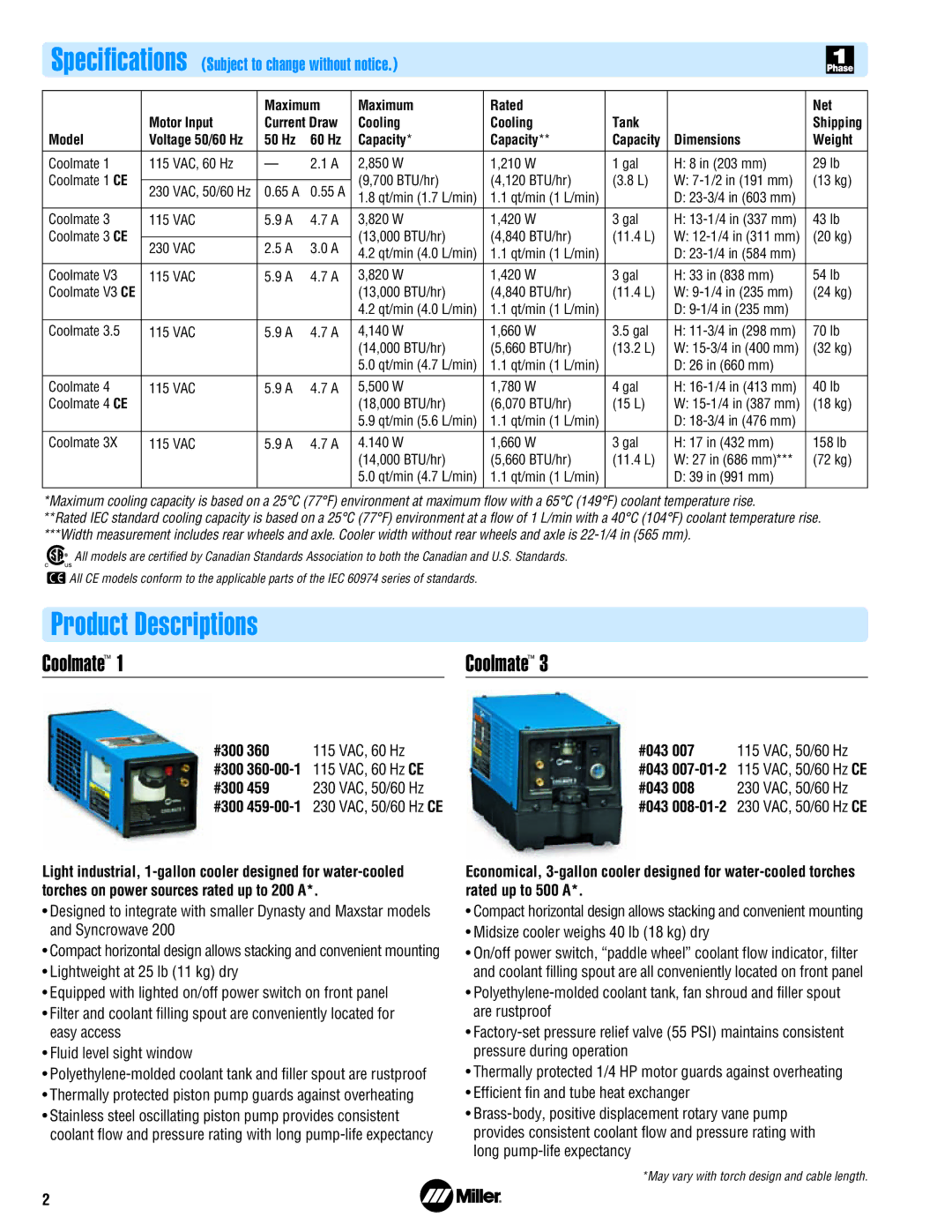 Miller Electric Coolmate 3, Coolmate 4 manual Product Descriptions, #300 115 VAC, 60 Hz, 459 230 VAC, 50/60 Hz, 459-00-1 