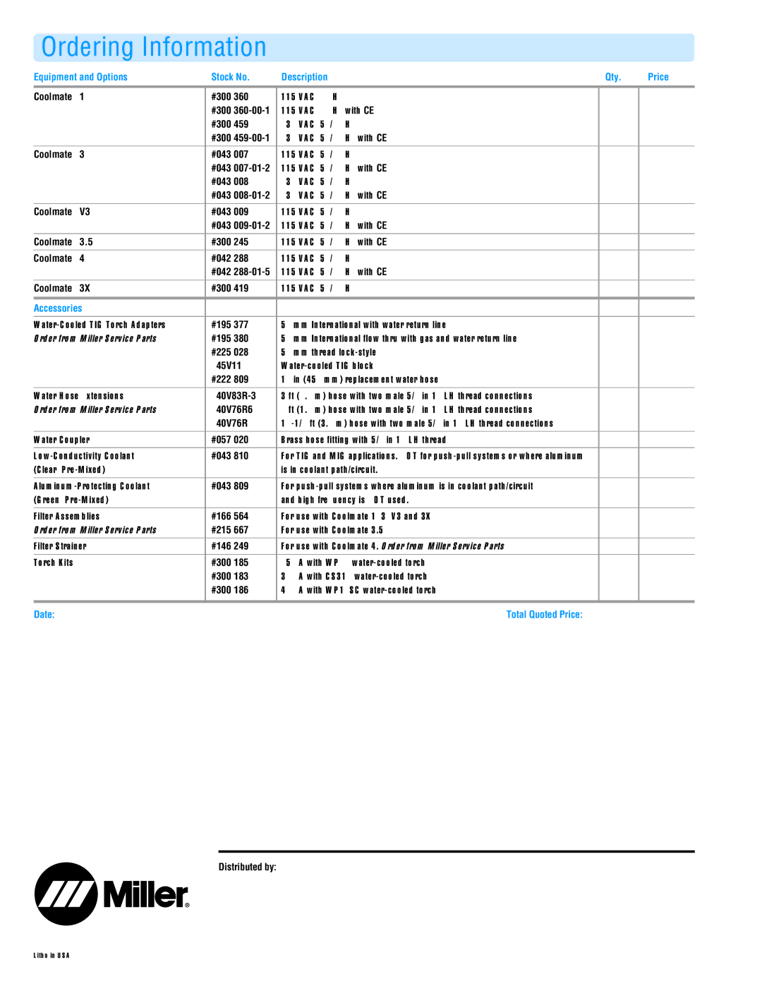 Miller Electric Coolmate V3, Coolmate 4, Coolmate 3.5, Coolmate 1 manual Ordering Information 