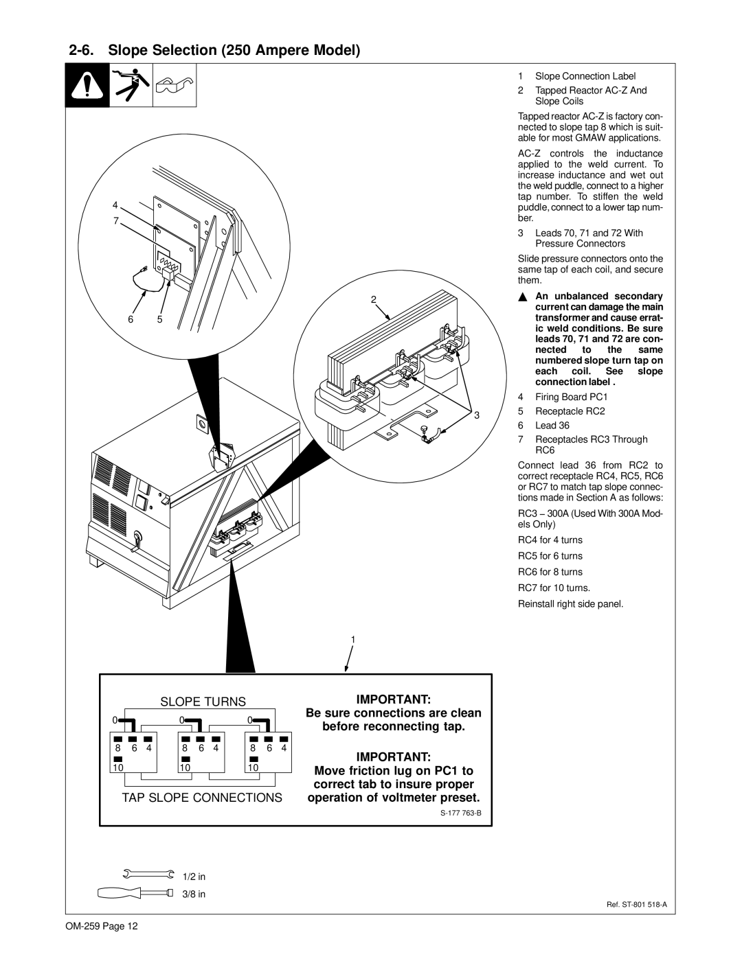 Miller Electric CP-202 manual Slope Selection 250 Ampere Model, Slope Connection Label Tapped Reactor AC-Z And Slope Coils 