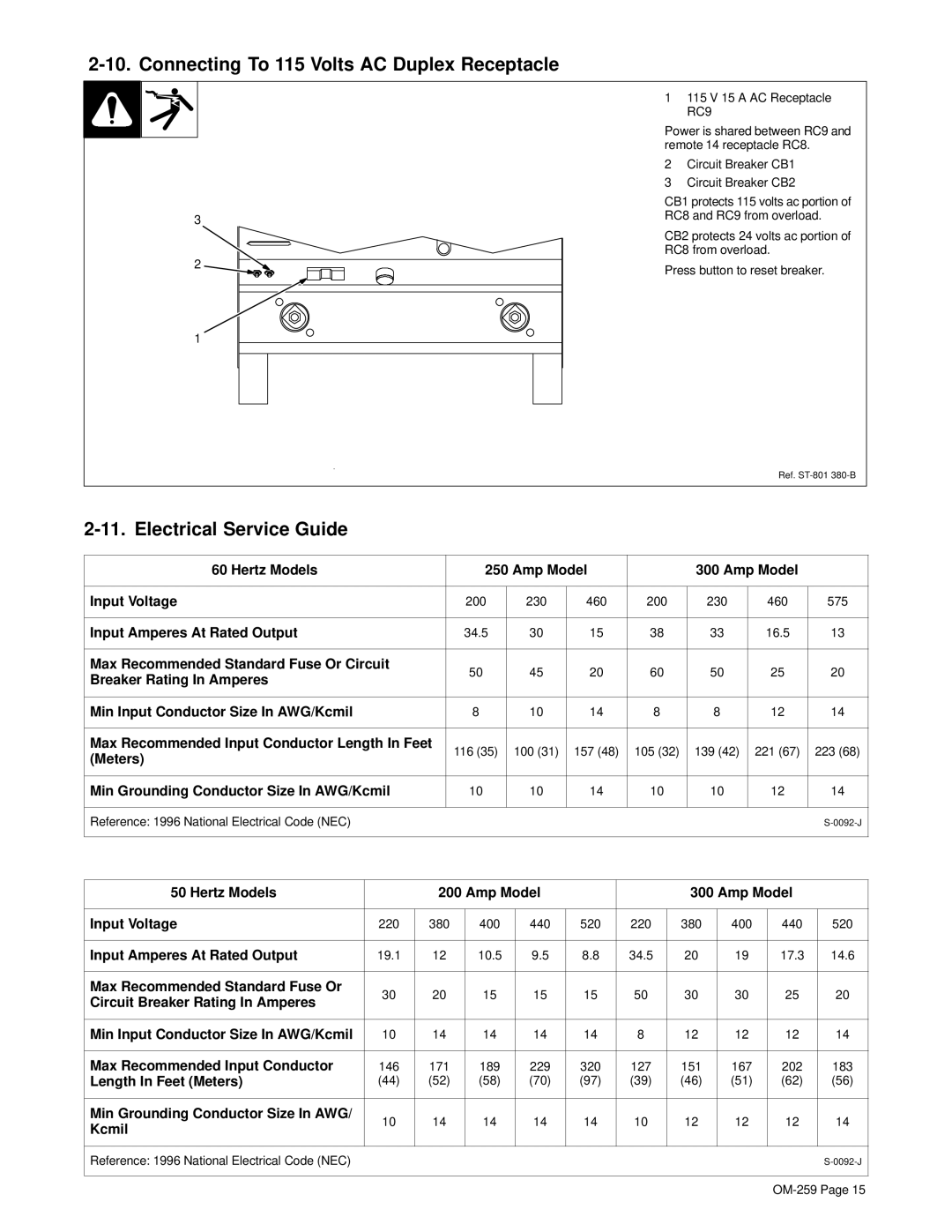 Miller Electric CP-202 manual Connecting To 115 Volts AC Duplex Receptacle, Electrical Service Guide 