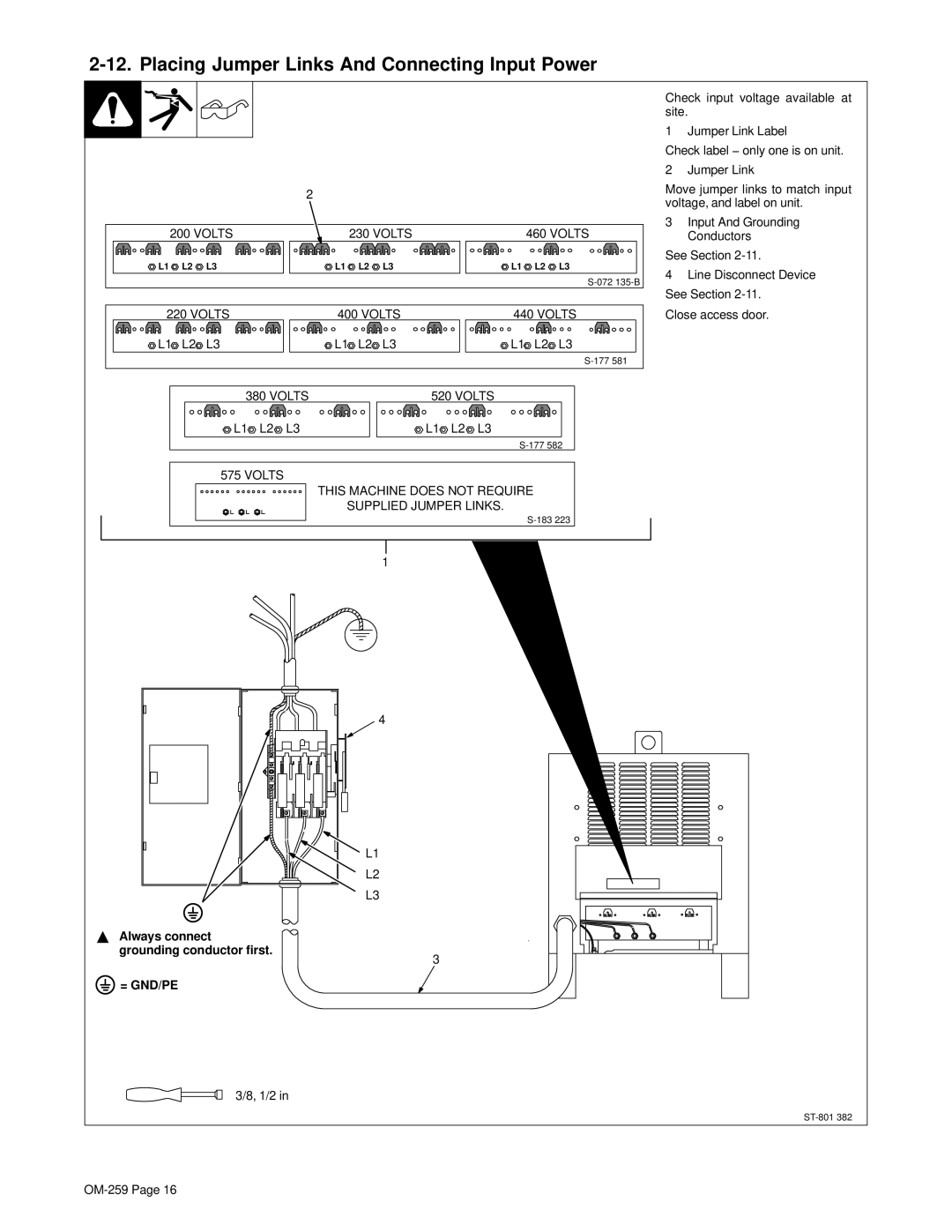 Miller Electric CP-202 manual Placing Jumper Links And Connecting Input Power, Volts 