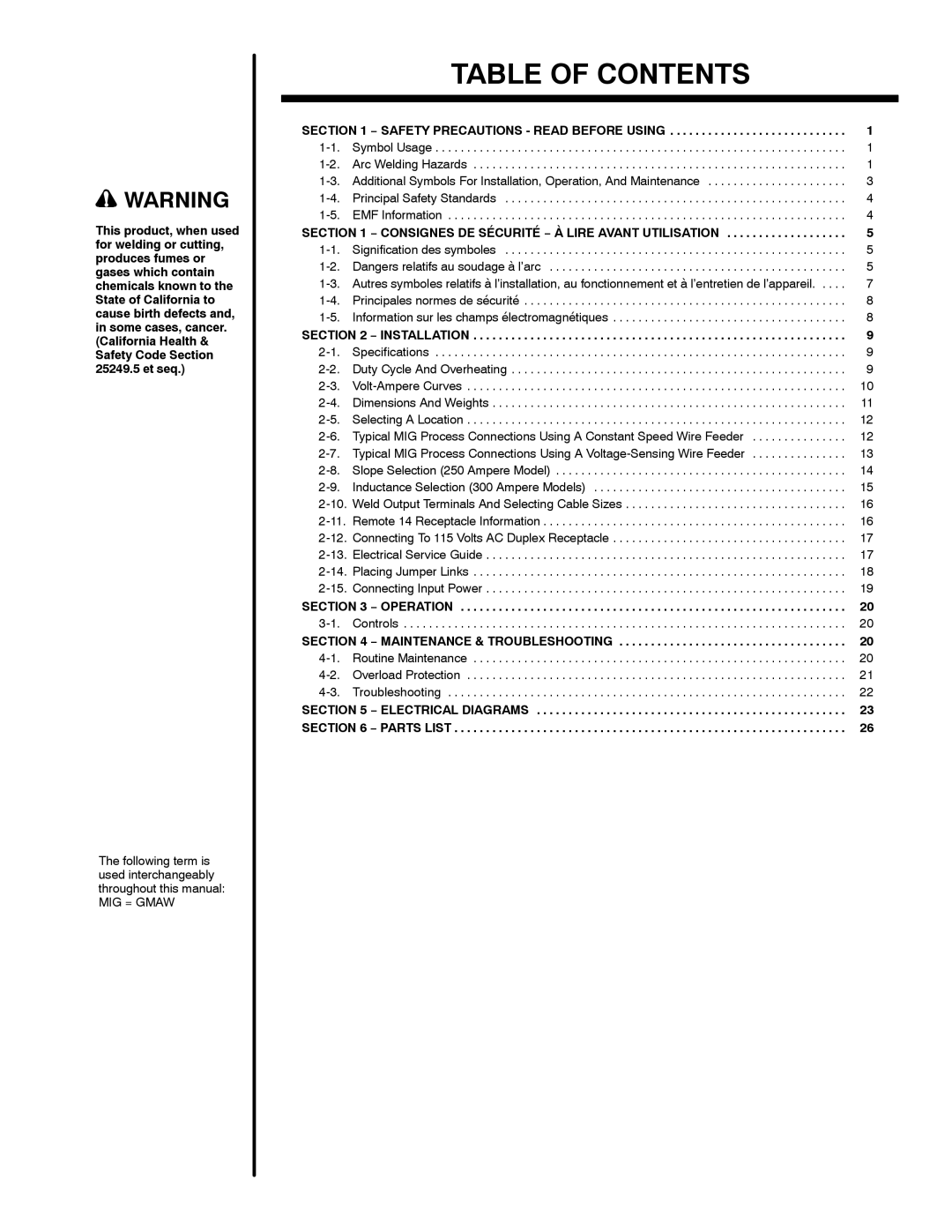 Miller Electric CP-302, CP-252TS manual Table of Contents 