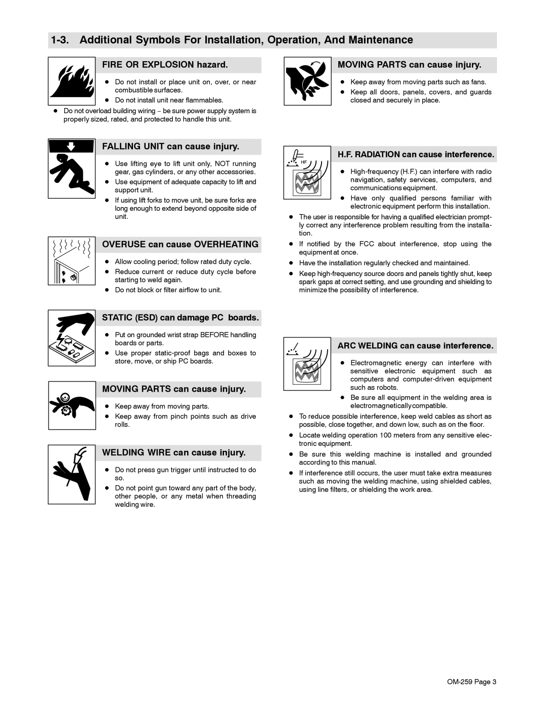 Miller Electric CP-302, CP-252TS Fire or Explosion hazard, Moving Parts can cause injury, Falling Unit can cause injury 