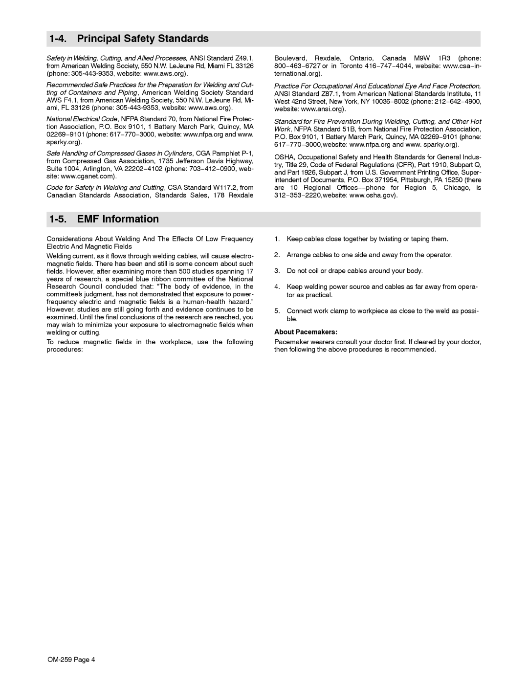 Miller Electric CP-252TS, CP-302 manual Principal Safety Standards, EMF Information, About Pacemakers 