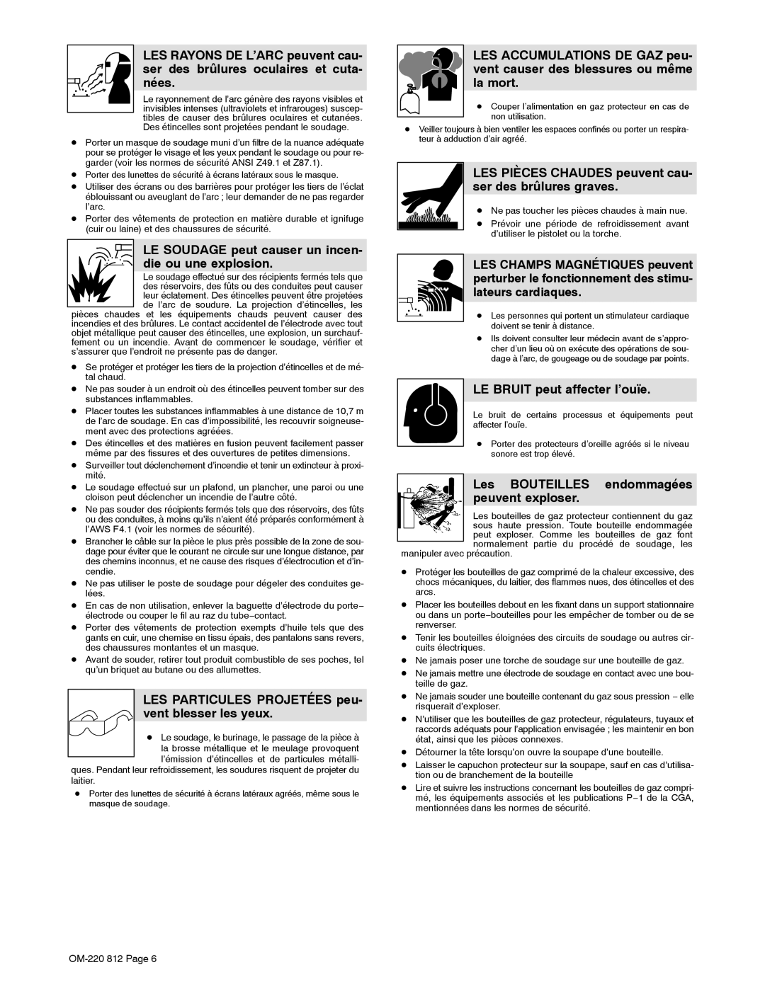 Miller Electric CST 250 VRD manual LE Soudage peut causer un incen- die ou une explosion, LE Bruit peut affecter l’ouïe 