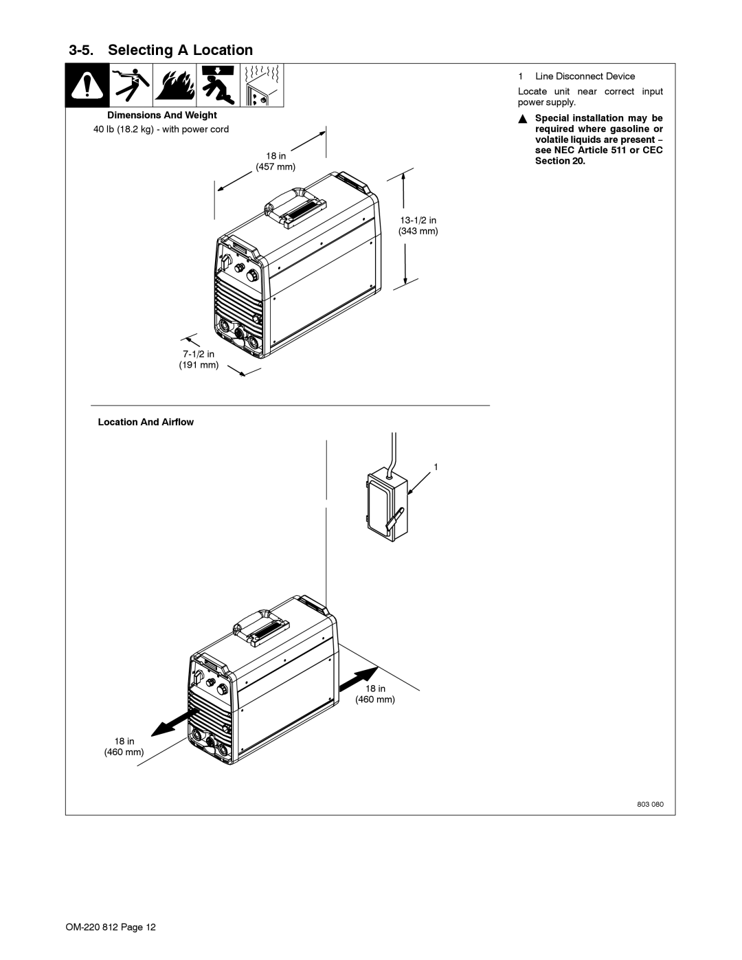 Miller Electric CST 250 VRD manual Selecting a Location, Dimensions And Weight, Location And Airflow 