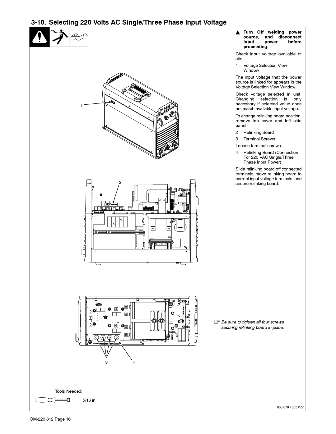 Miller Electric CST 250 VRD manual Selecting 220 Volts AC Single/Three Phase Input Voltage 