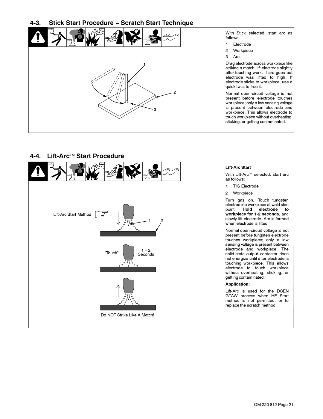 Miller Electric CST 250 VRD manual Stick Start Procedure − Scratch Start Technique, Lift-ArcStart Procedure, Lift-Arc Start 