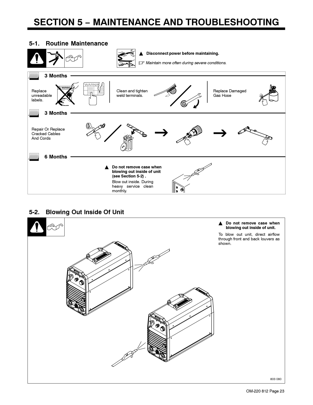 Miller Electric CST 250 VRD manual Maintenance and Troubleshooting, Routine Maintenance, Blowing Out Inside Of Unit, Months 