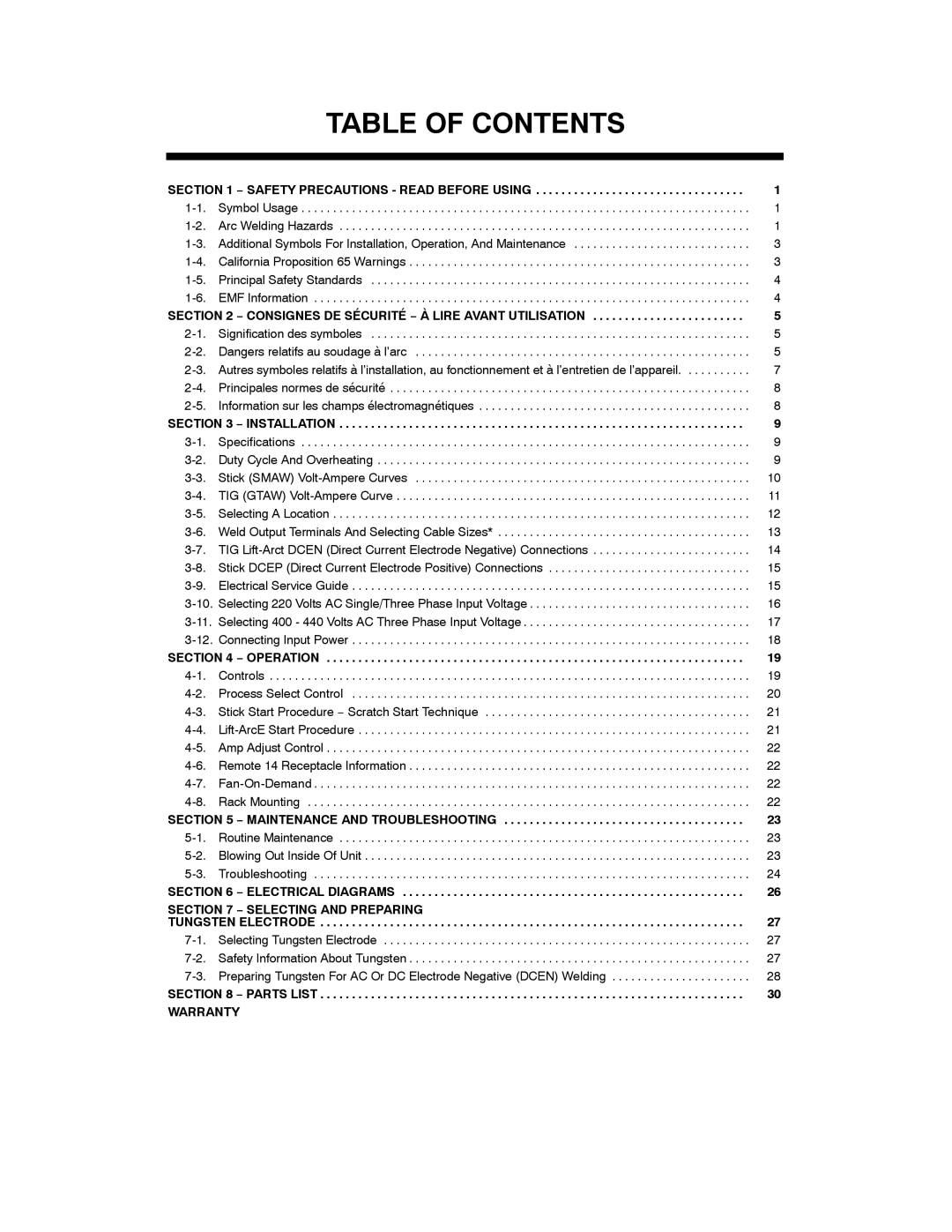 Miller Electric CST 250 VRD manual Table of Contents 