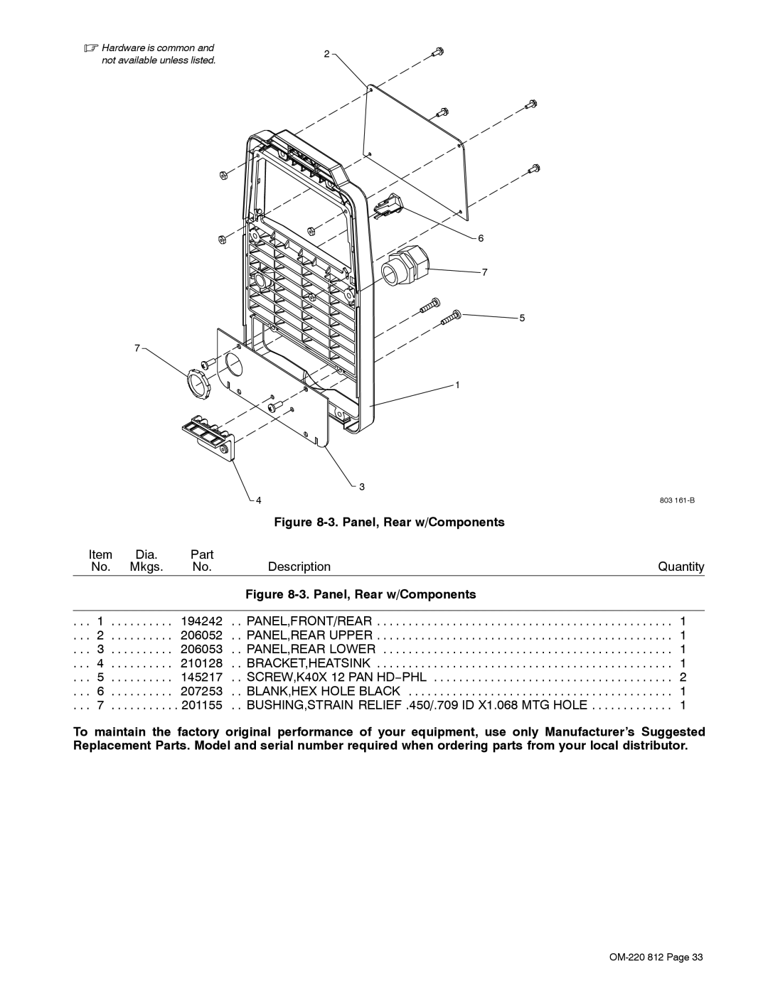 Miller Electric CST 250 VRD manual Panel, Rear w/Components 