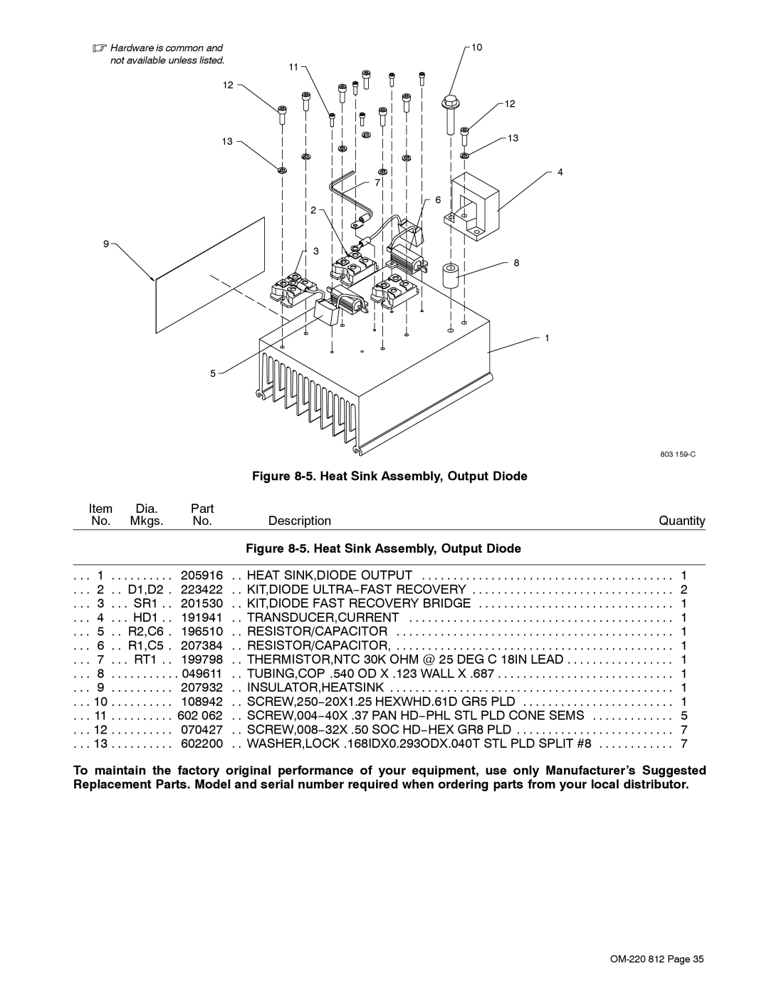 Miller Electric CST 250 VRD manual Heat Sink Assembly, Output Diode 