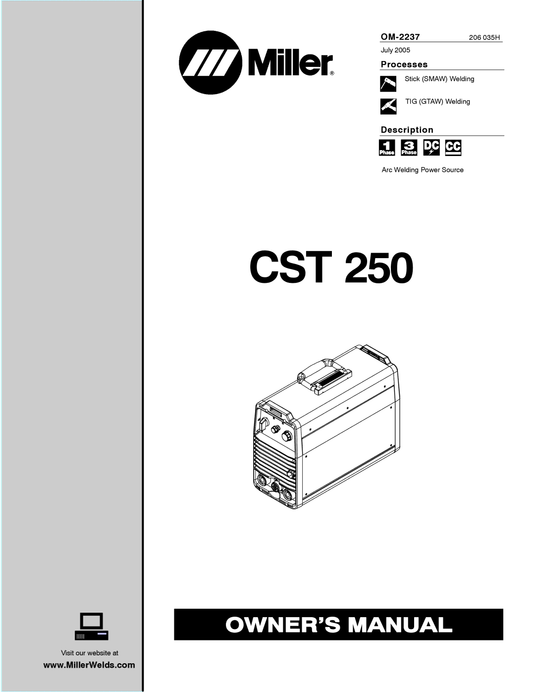 Miller Electric CST 250 manual OM-2237 206 035H, Processes, Description 