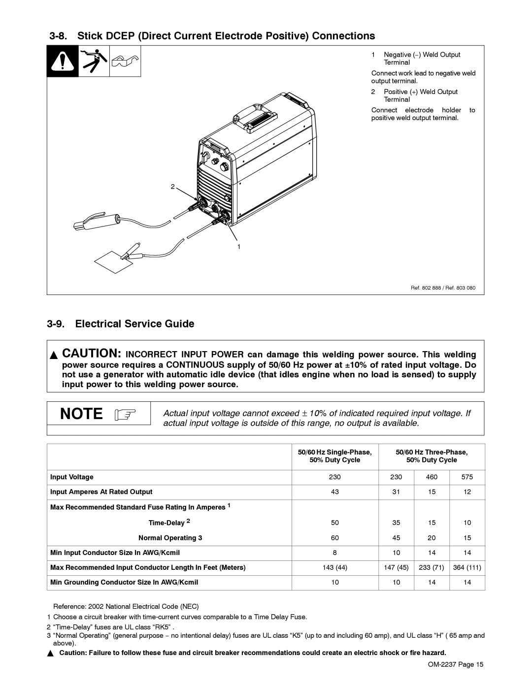 Miller Electric CST 250 Stick Dcep Direct Current Electrode Positive Connections, Electrical Service Guide, Input Voltage 