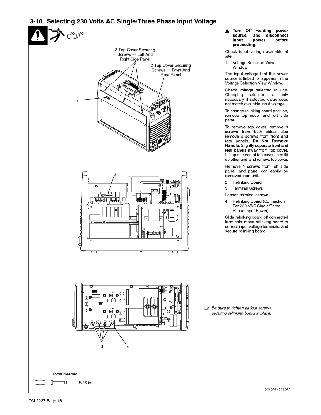 Miller Electric CST 250 manual Selecting 230 Volts AC Single/Three Phase Input Voltage 