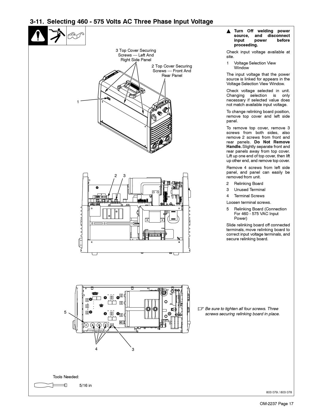 Miller Electric CST 250 manual Selecting 460 575 Volts AC Three Phase Input Voltage 