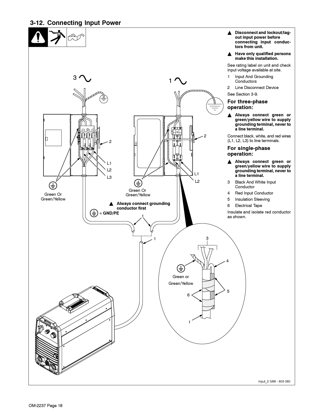 Miller Electric CST 250 manual Connecting Input Power, For three-phase operation, For single-phase operation, = Gnd/Pe 