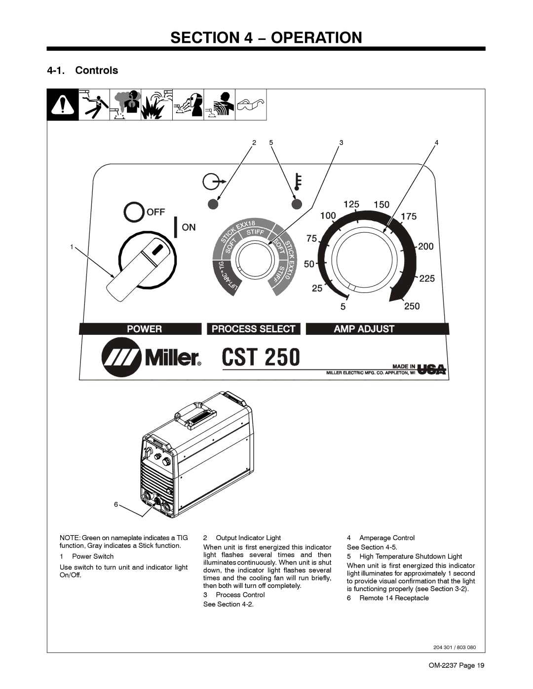 Miller Electric CST 250 manual Operation, Controls 