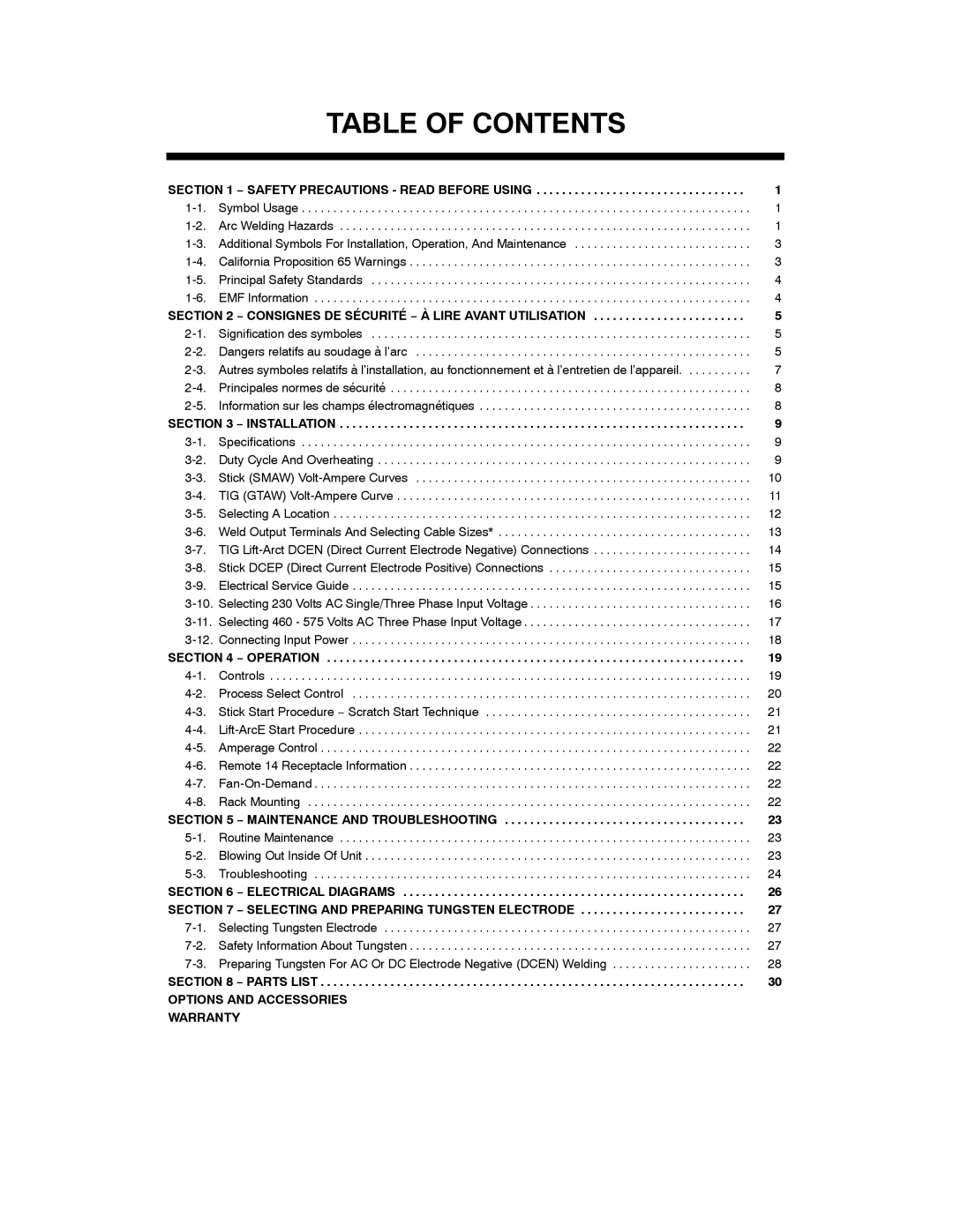 Miller Electric CST 250 manual Table of Contents 